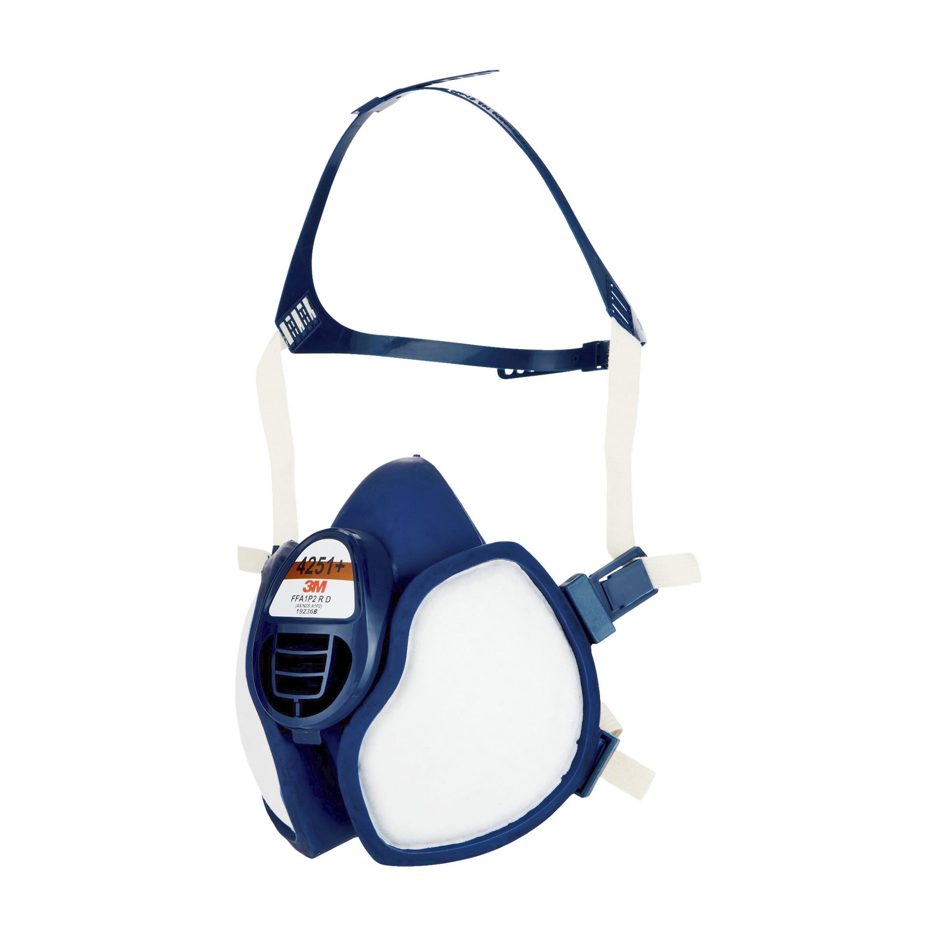 Niebiesko-biały 3M Half Mask 4251 z półmaską z regulowanymi białymi paskami i wkładką filtracyjną.