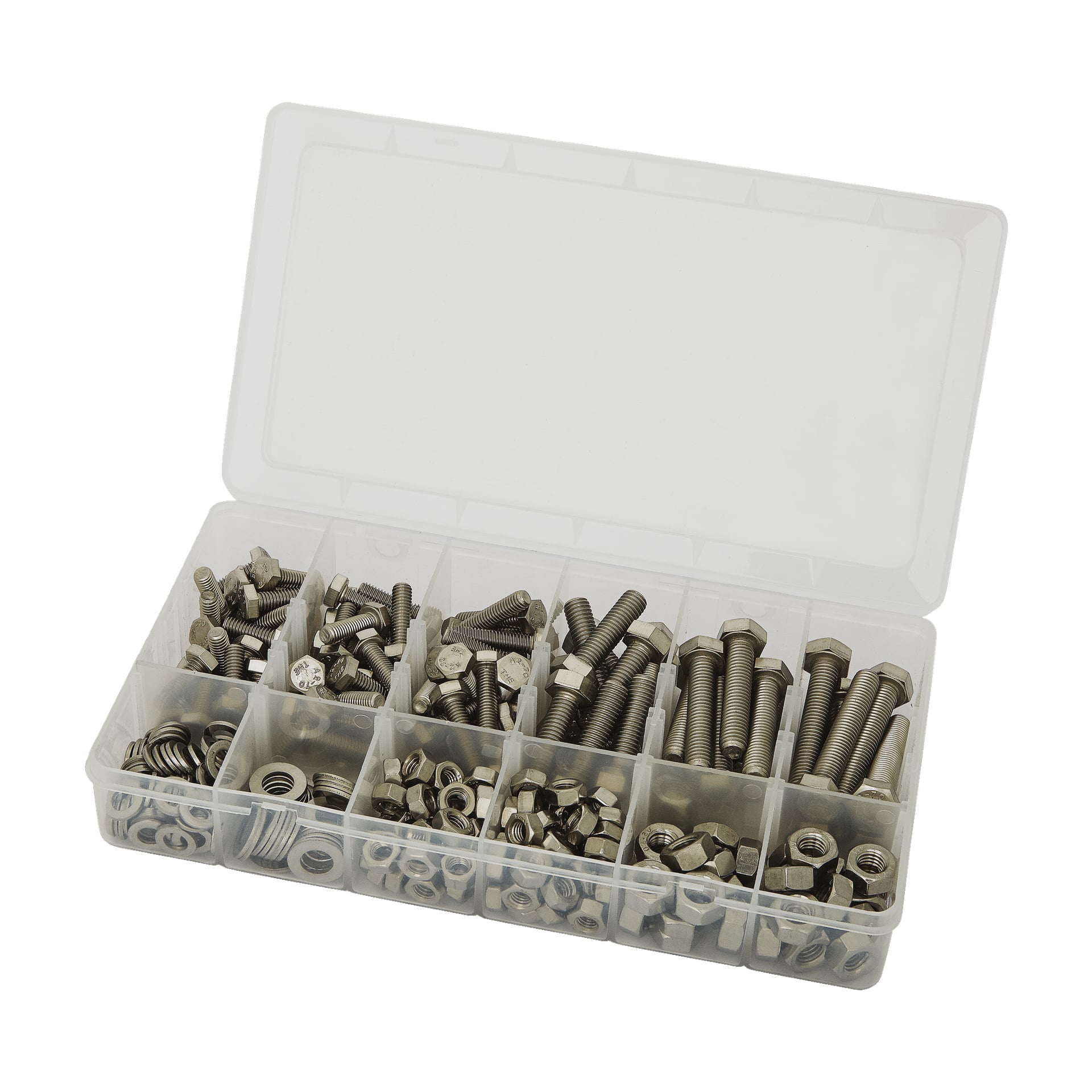 En öppen organisatörlåda avslöjar ett Hard Head-set med 300 delar som innehåller bultar, brickor och muttrar i rostfritt stål, alla prydligt arrangerade i separata genomskinliga plastfack.