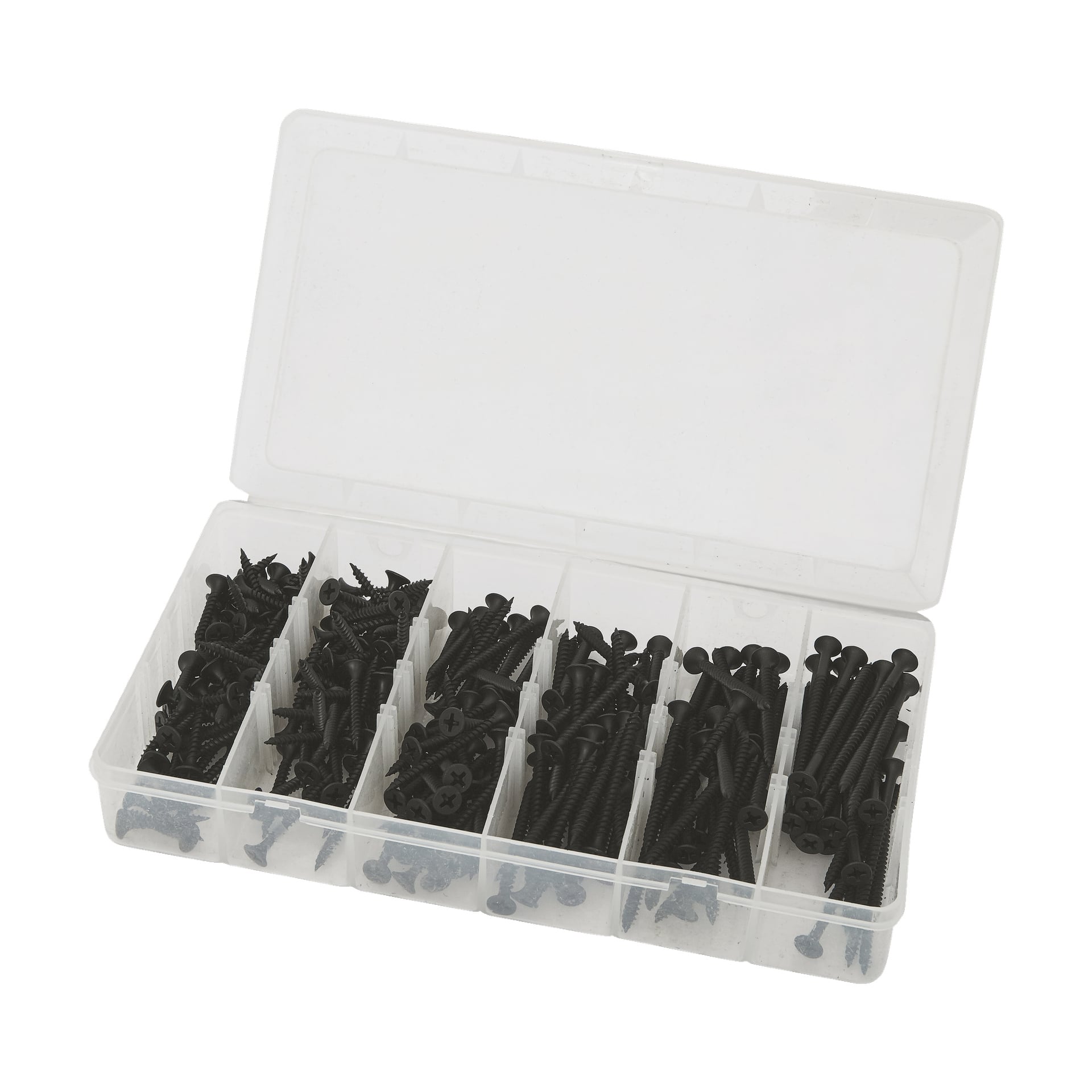 En gjennomsiktig Hard Head-organiseringsboks merket "Wood screw set 240 pieces," med åtte rom som hver inneholdt ulike størrelser og typer svarte treskruer, vist med lokket åpent.