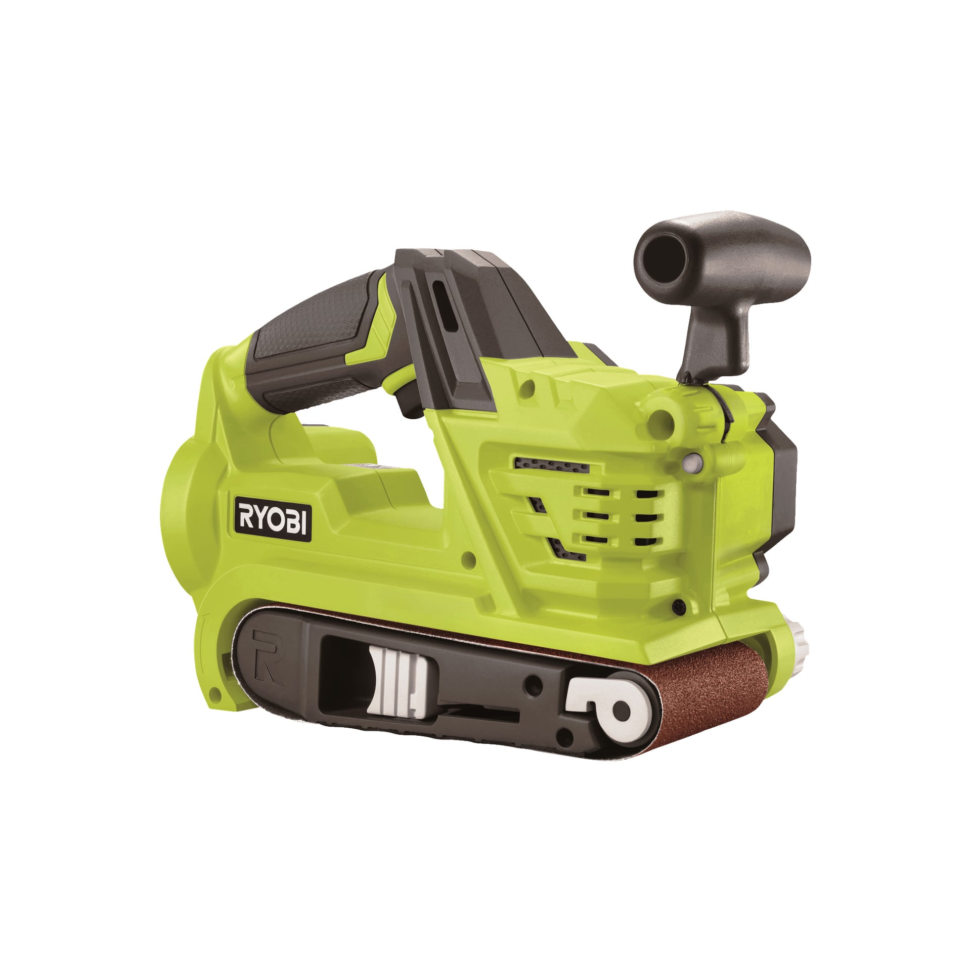 En handhållen Ryobi One+ Belt-slipmaskin R18BS-0 i grönt och svart, med ett monterat brunt slipband.