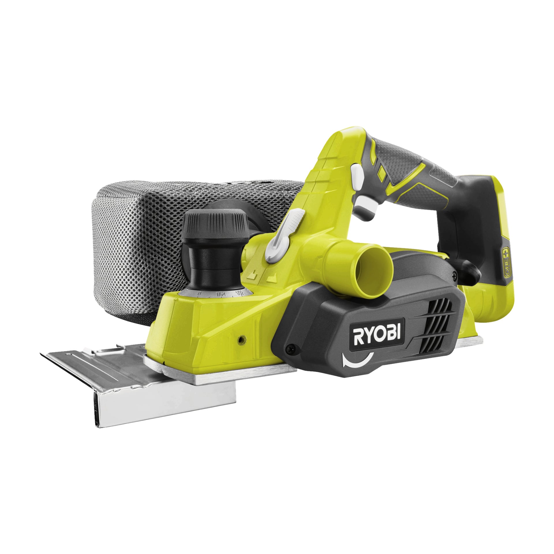 En Ryobi One+ R18PL-0 elektrisk hyvel med svart och grön design, utrustad med ett ergonomiskt handtag och en dammuppsamlingspåse.
