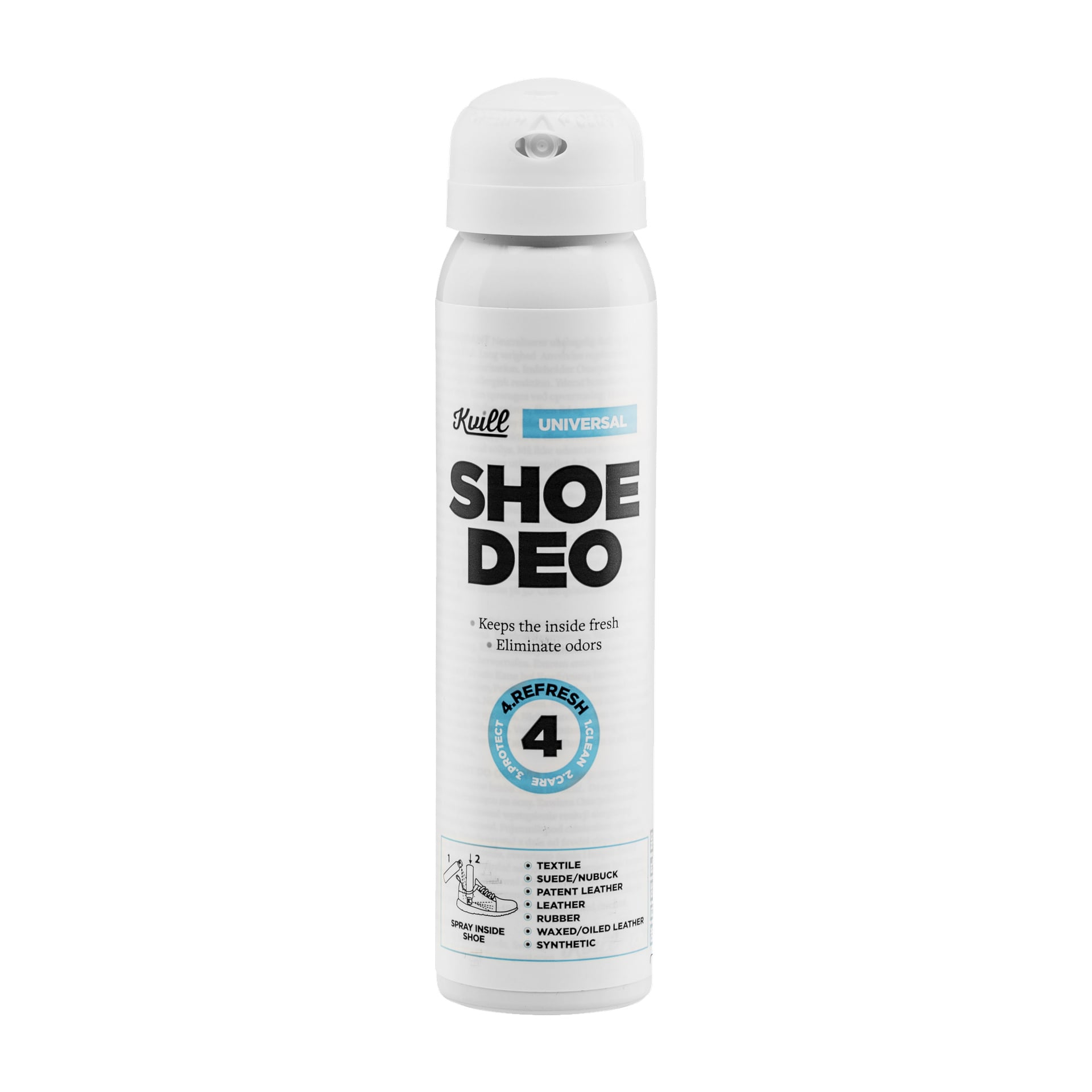 Wysoka biała puszka aerozolu oznaczona jako Kvill Shoe Spray Shoe Deo pokazuje instrukcje użytkowania i wskazuje, że eliminuje zapachy, aby buty były świeże. Nadaje się do tkanin, skóry i materiałów syntetycznych.