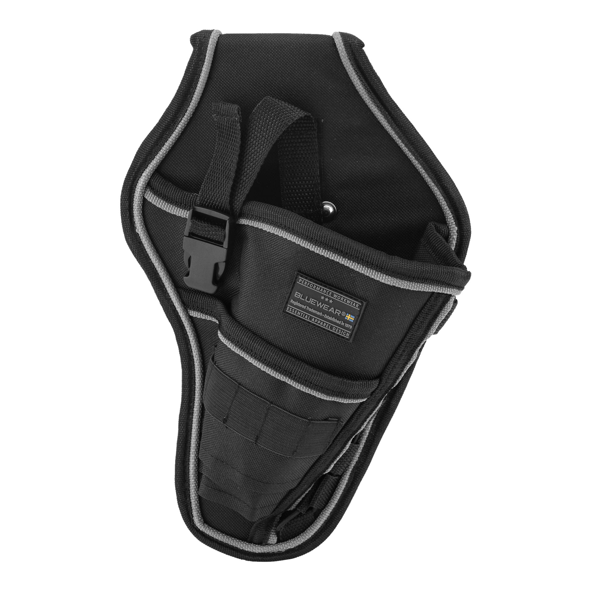 Ein Blackwear-Stoff-Bohrholster mit grauem Verzierung, ausgestattet mit mehreren Taschen, einer Kunststoffschnalle und einem Bluewear-Etikett vorne. Das Holster ist leer.