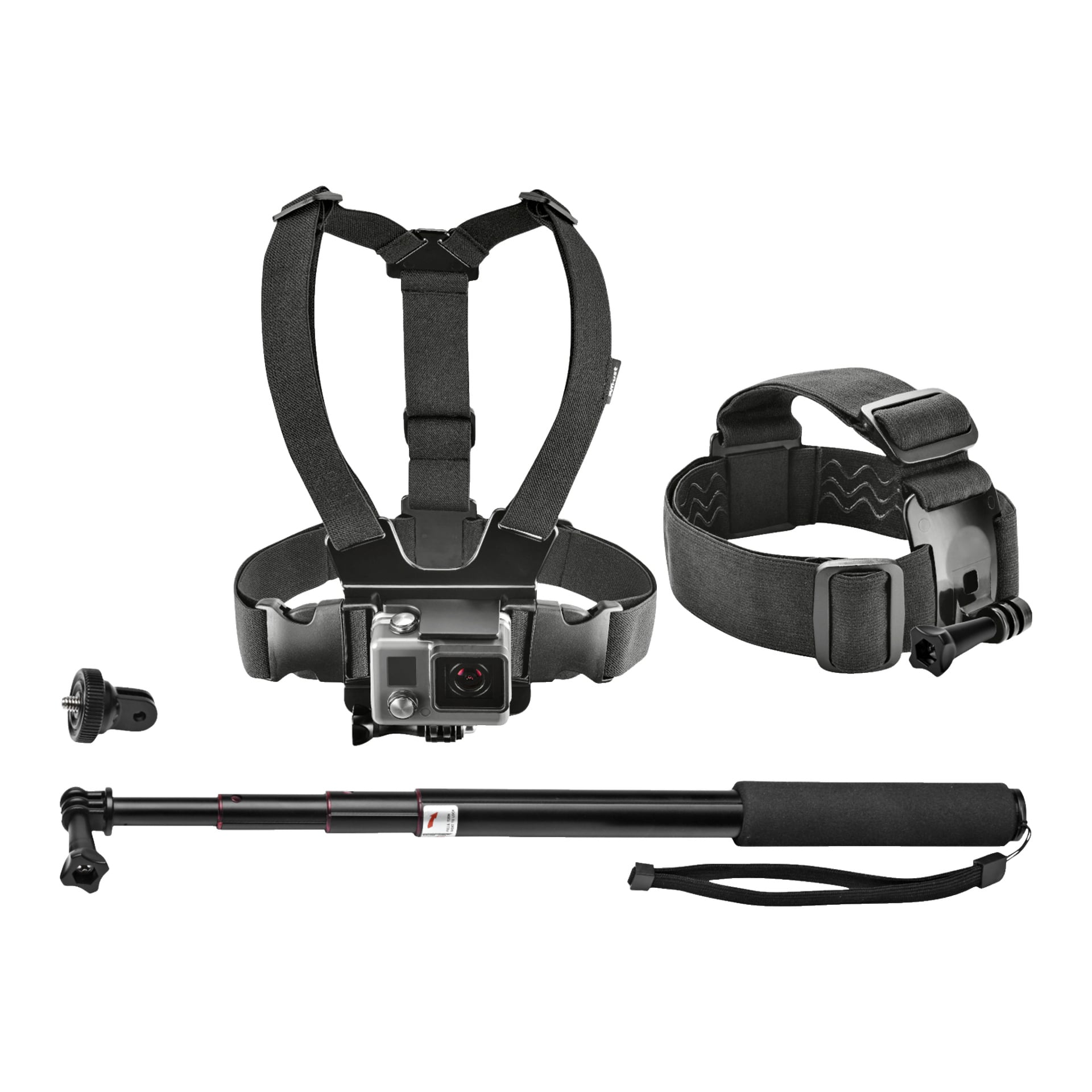 Marquant Accessory Set Action Camera 3 Pieces zawiera czarną uprząż, pasek na nadgarstek oraz wysuwany kij do selfie wraz z małym akcesorium.