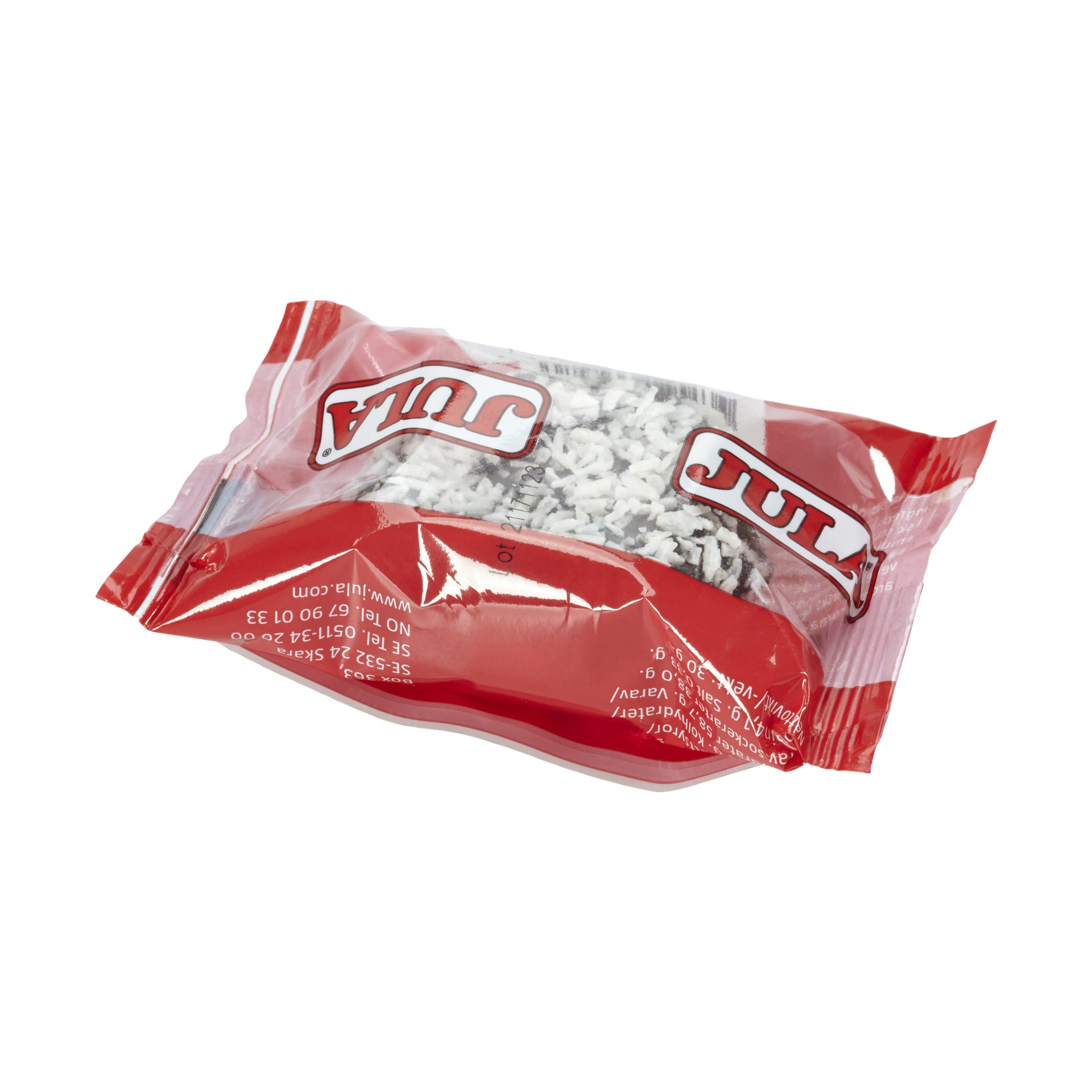 En delvis genomskinlig röd och genomskinlig plastpåse märkt Jula innehåller chokladbollar, där den genomskinliga delen avslöjar några av chokladen inuti.