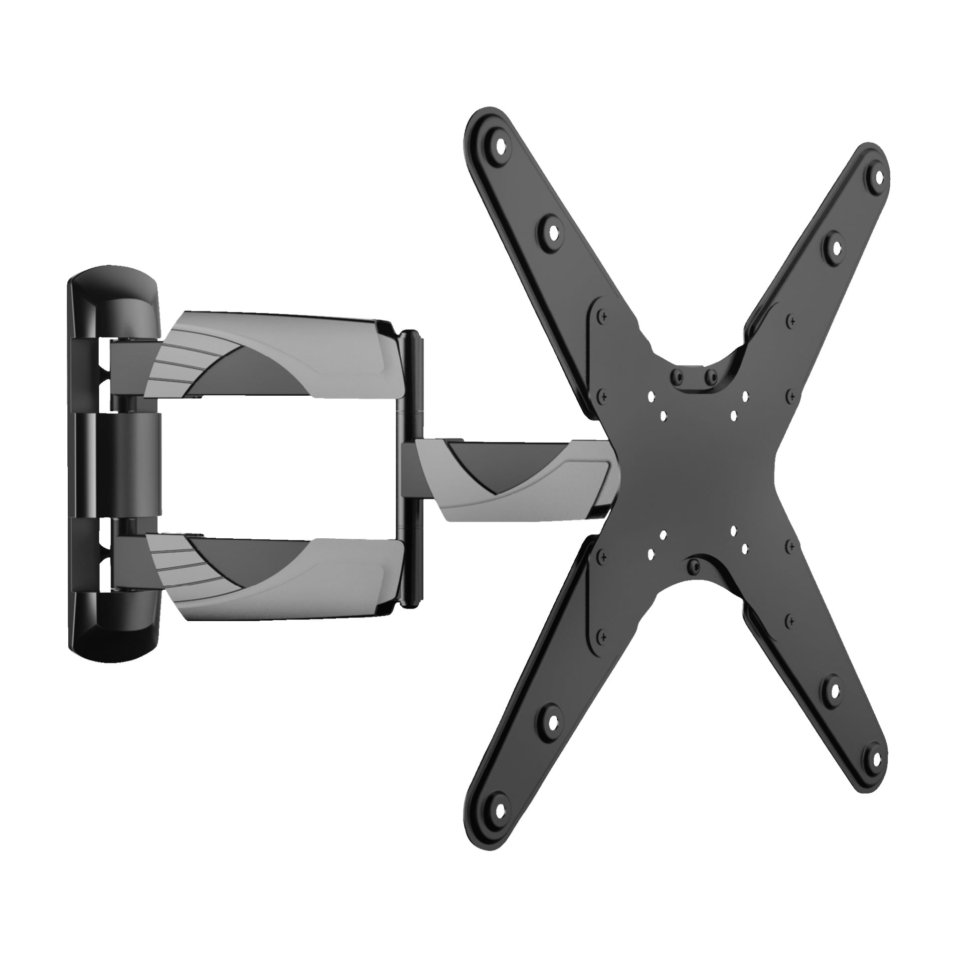 Bright Wall TV-fästet är ett svart och grått justerbart fäste tillverkat för platt-TV, utrustat med olika monteringshål och en rörlig ledad arm som erbjuder flexibla placeringsmöjligheter, här fullt utfälld.