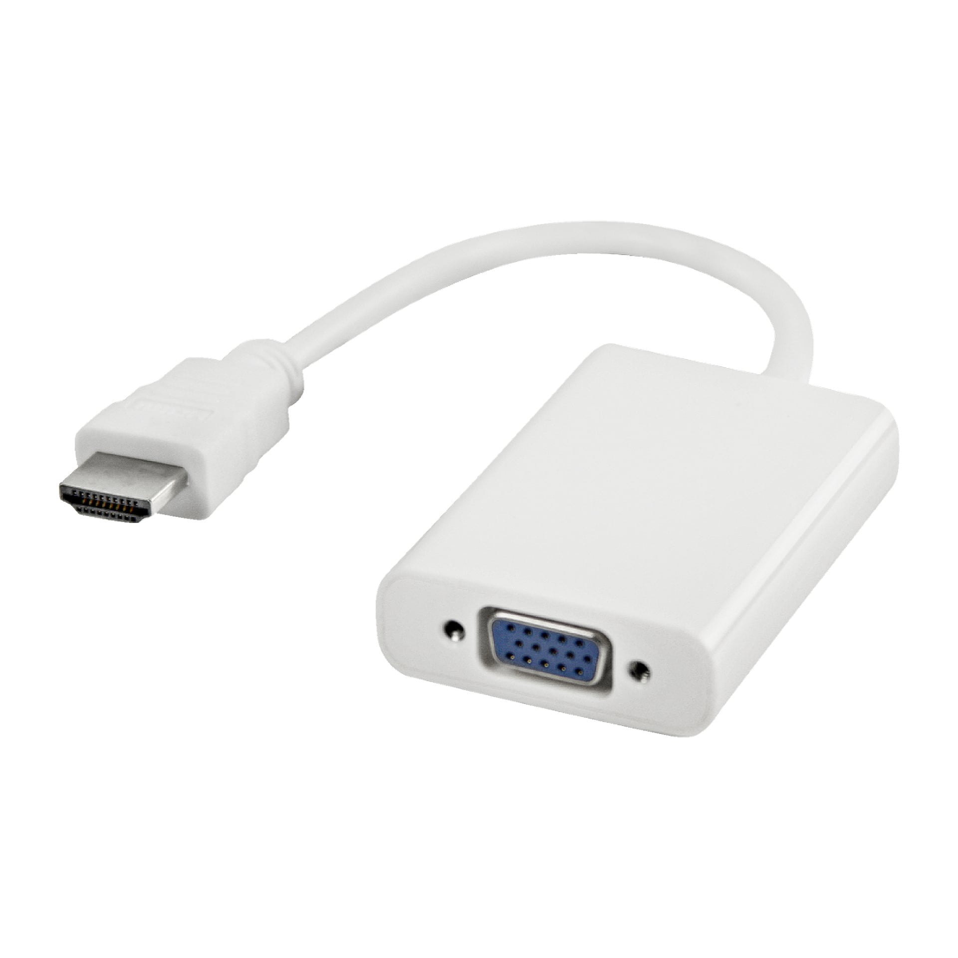 En vit Nedis HDMI till VGA-adapter med en kompakt kabel kopplar en HDMI-hankontakt på ena sidan till en rektangulär VGA-hanport på den andra.