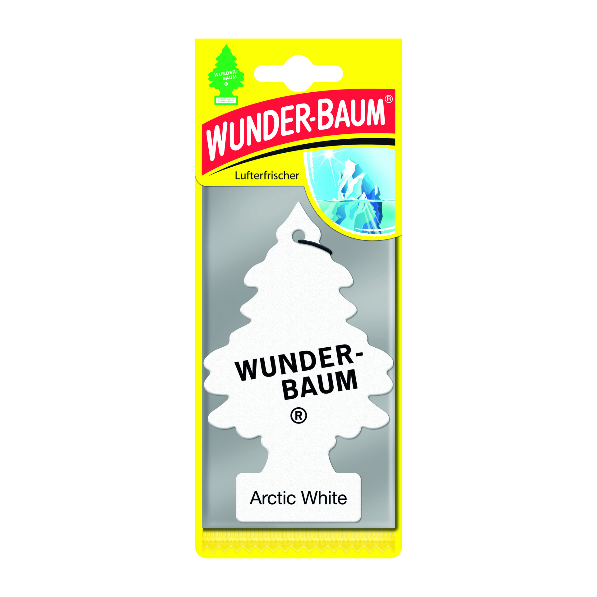 Odświeżacz samochodu Wunder Baum w kształcie drzewa, oznaczony jako "Wunder-Baum" i "Arctic White". Żółte opakowanie przedstawia różne teksty oraz małą grafikę lodowej góry.