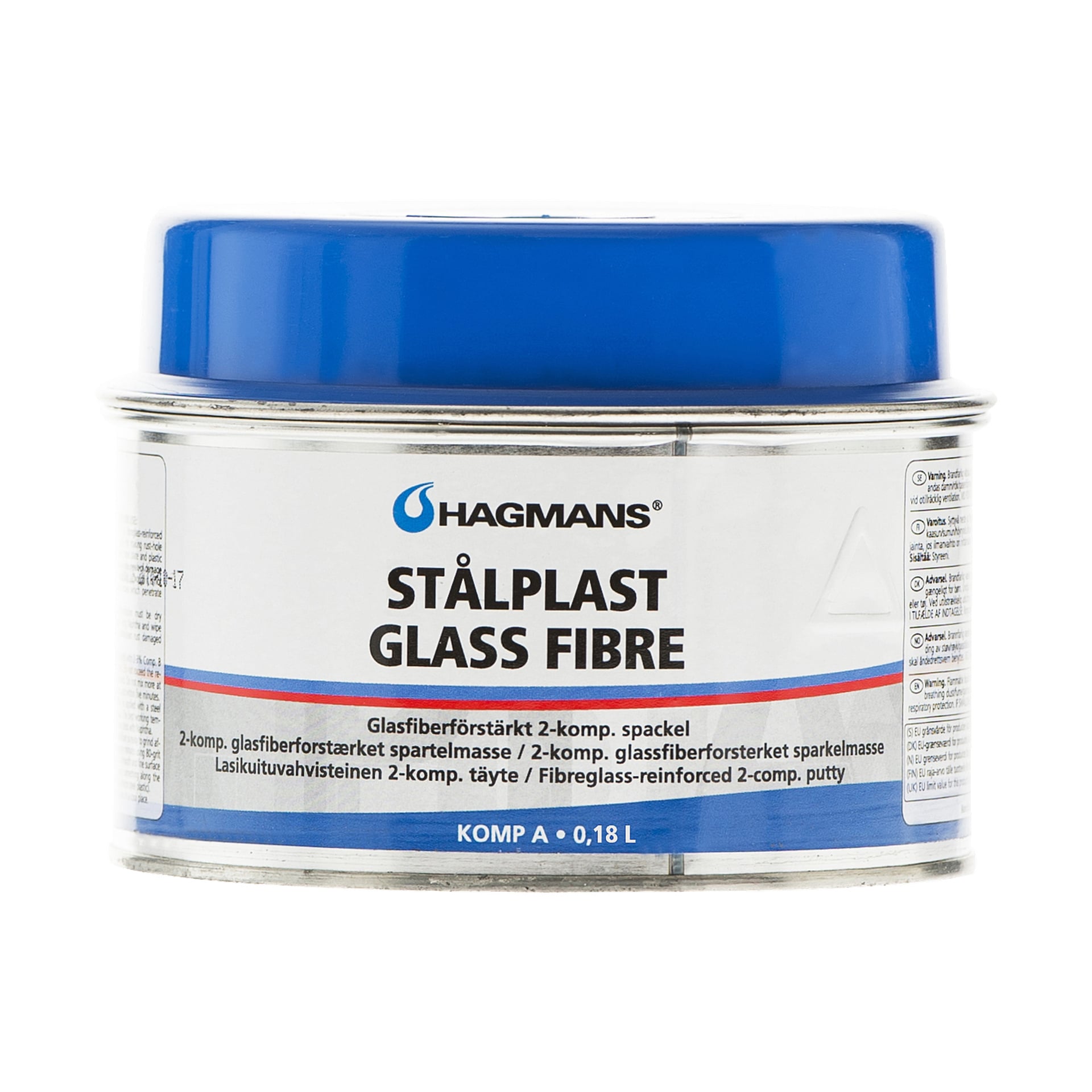 En liten 0,18-liters burk med Hagmans Steel Plastic Glass Fibre med blått lock och vit etikett, innehållande glasfiberförstärkt tvåkomponentskitt som är lämpligt för reparationer.