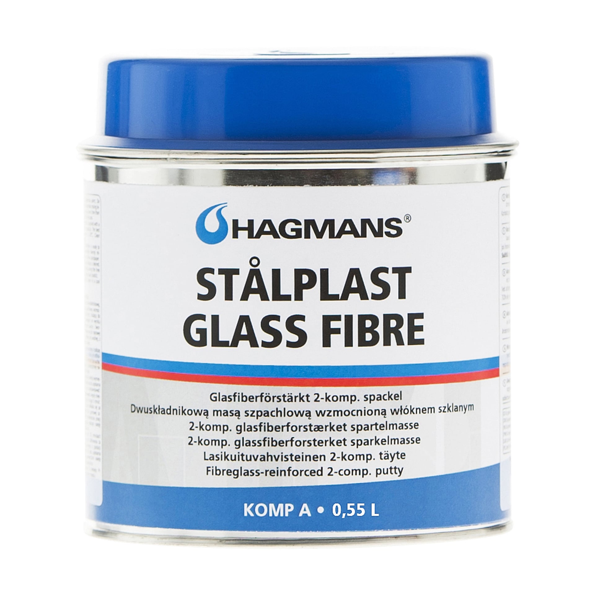 En 0,55-liters burk Hagmans Steel Plastic Glass Fibre tvåkomponentskitt med blått lock och blå och vit etikett, designad för användning vid reparationer av glasfiberarmerade.