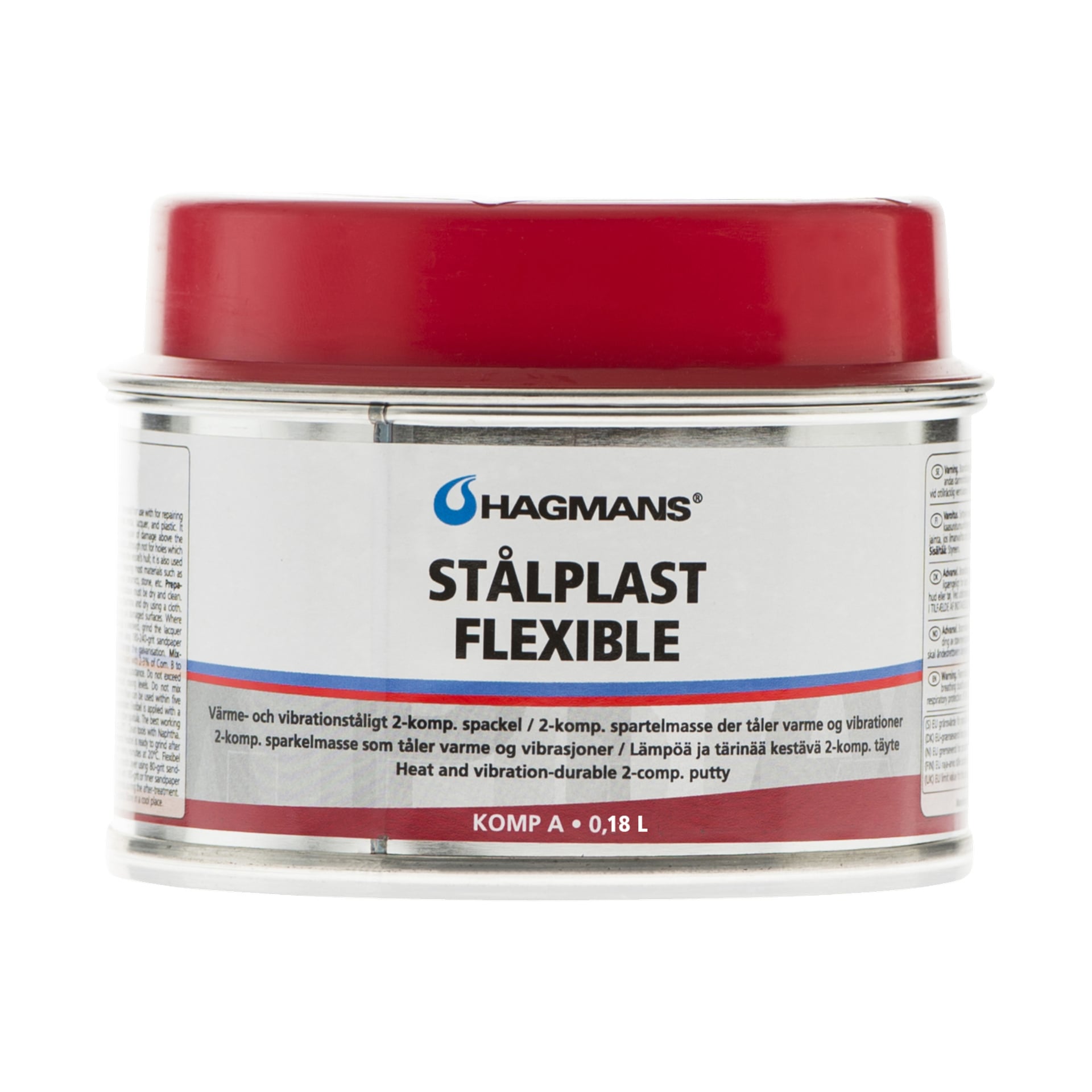Metalowa puszka z czerwoną pokrywką oznaczoną Hagmans Steel Plastic Flexible. Etykieta wskazuje, że jest to dwuskładnikowa masa odporna na ciepło i wibracje, a poniżej podano dodatkowe szczegóły produktu.