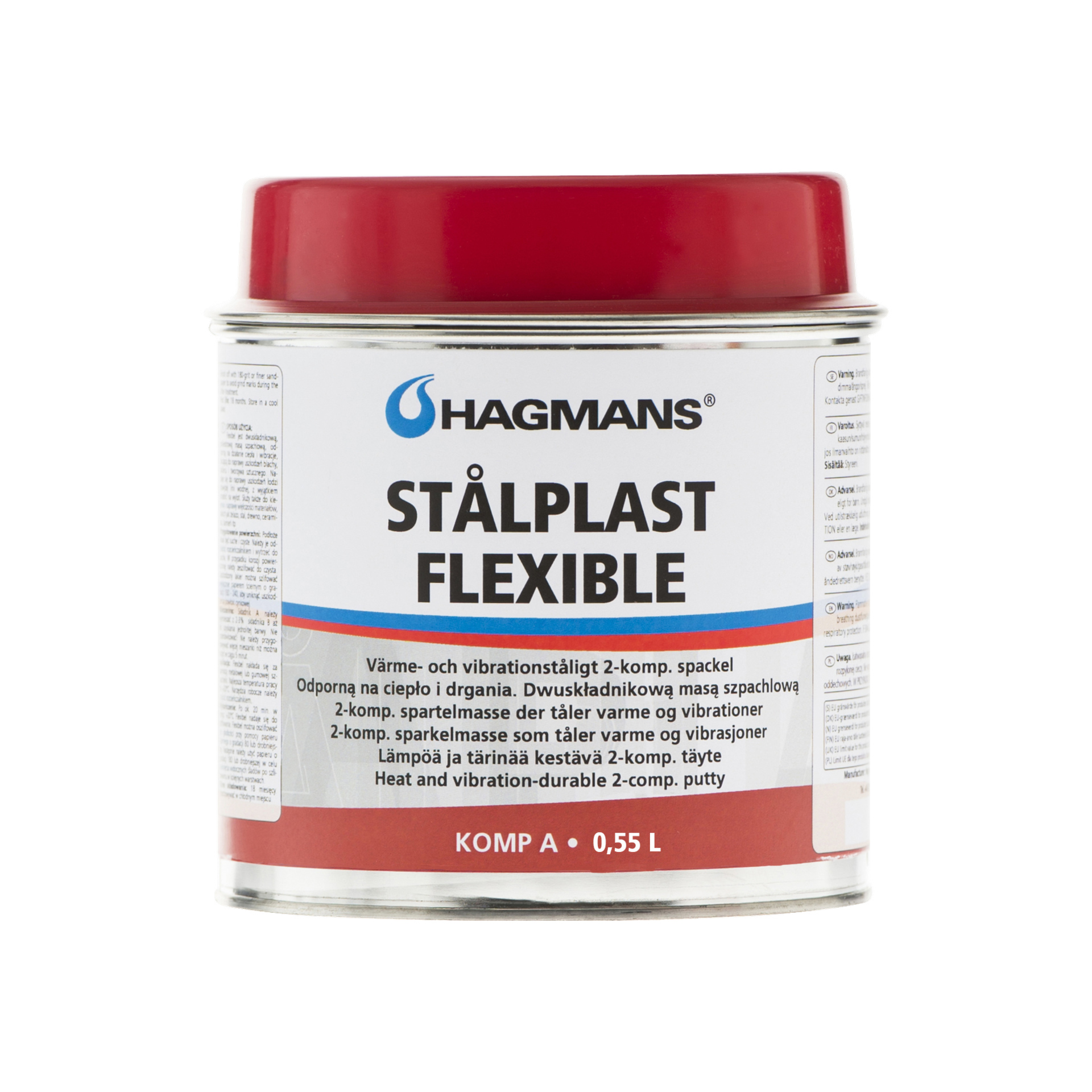 En metallburk med ett rött lock märkt "Hagmans Steel Plastic Flexible," som rymmer 0,55 liter värme- och vibrationsresistent tvådelad putty. Etiketten presenterar produkt- och användningsinformation på flera språk.