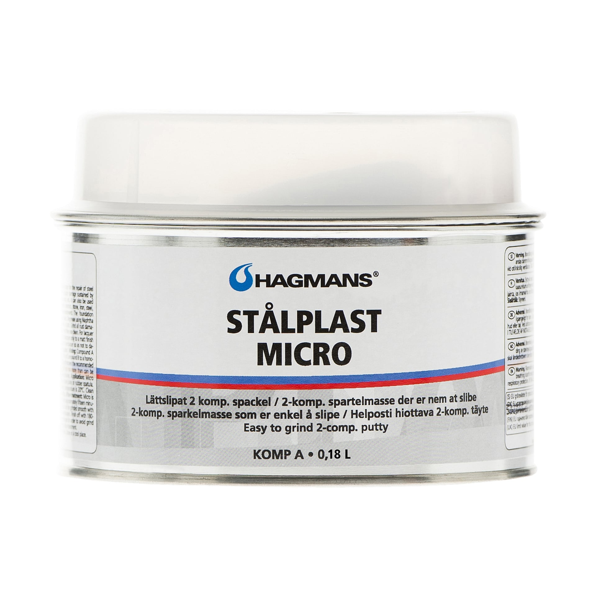 En metallburk med Hagmans Steel Plastic Micro 2-komponents kitt toppad med ett vitt lock. Produktetiketten listar detaljer och anger en volym på 0,18 liter.