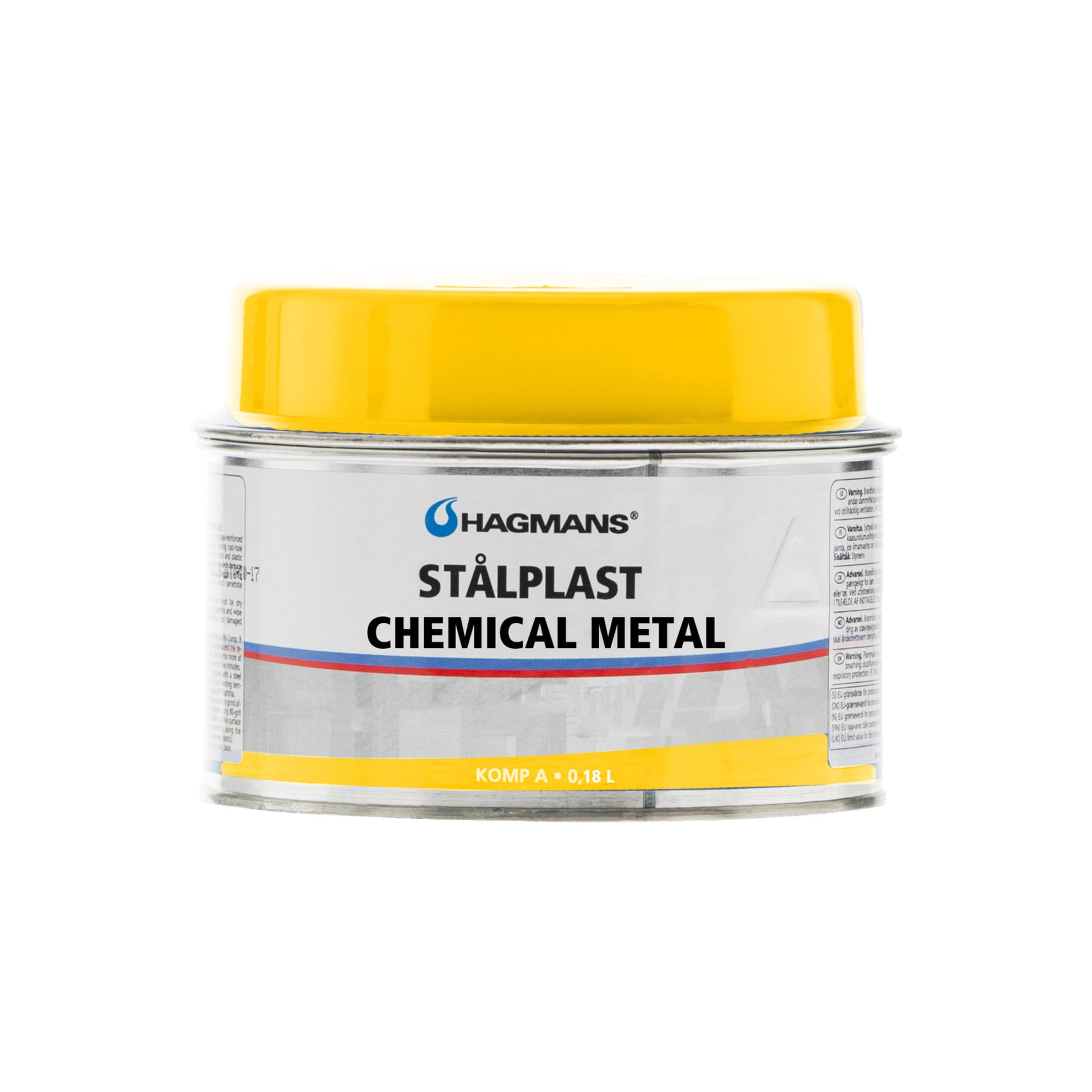 En metallburk med gult lock med etiketten Hagmans Steel Plastic Chemical Metal, avsedd för reparationer.