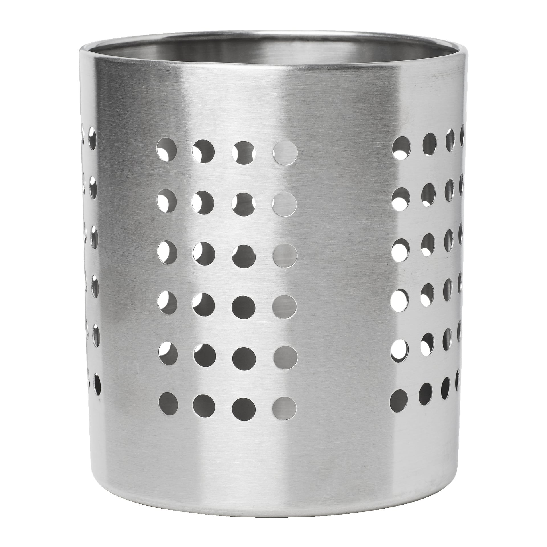 Ett slankt, cylindriskt bestickställ i rostfritt stål med polerade metallsidor och flera rader jämnt fördelade cirkulära hål, avsedd för att hålla köksredskap.