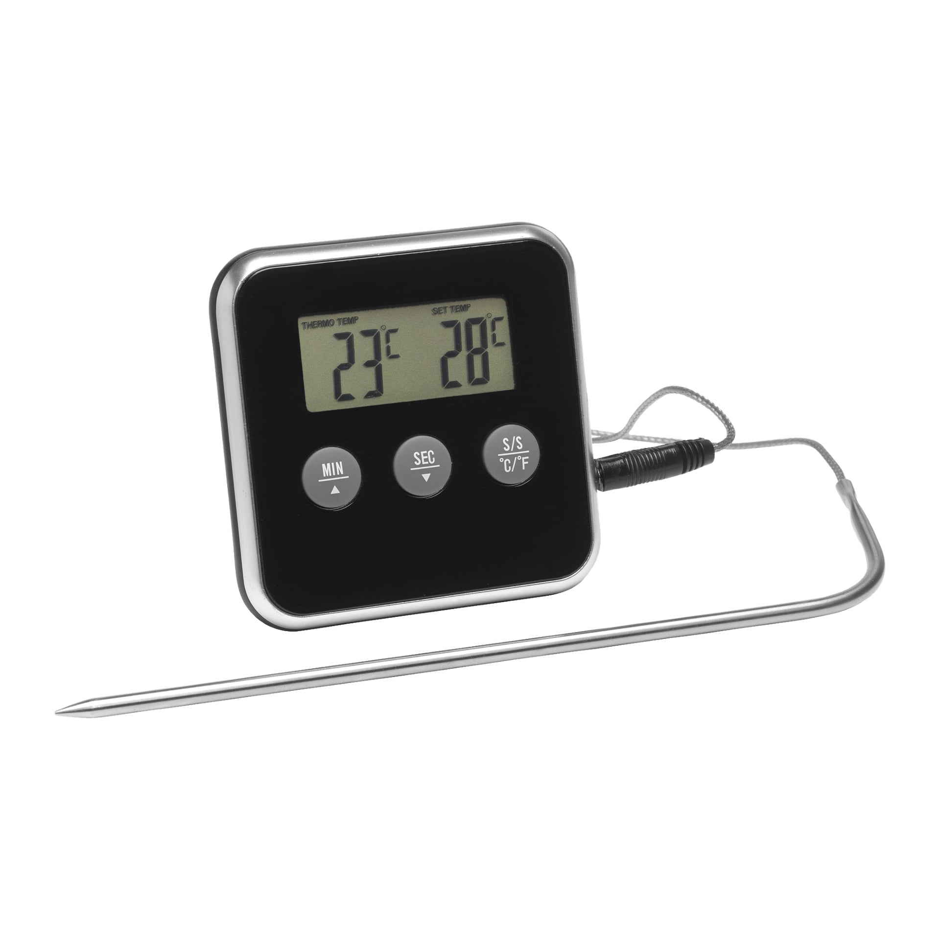 Menuett-kötttermometer med en digital skärm som visar 23°C som aktuell temperatur och 28°C som mål, tre knappar märkta MIN, SEC och S/S °C/°F, samt en fäst metallprob.