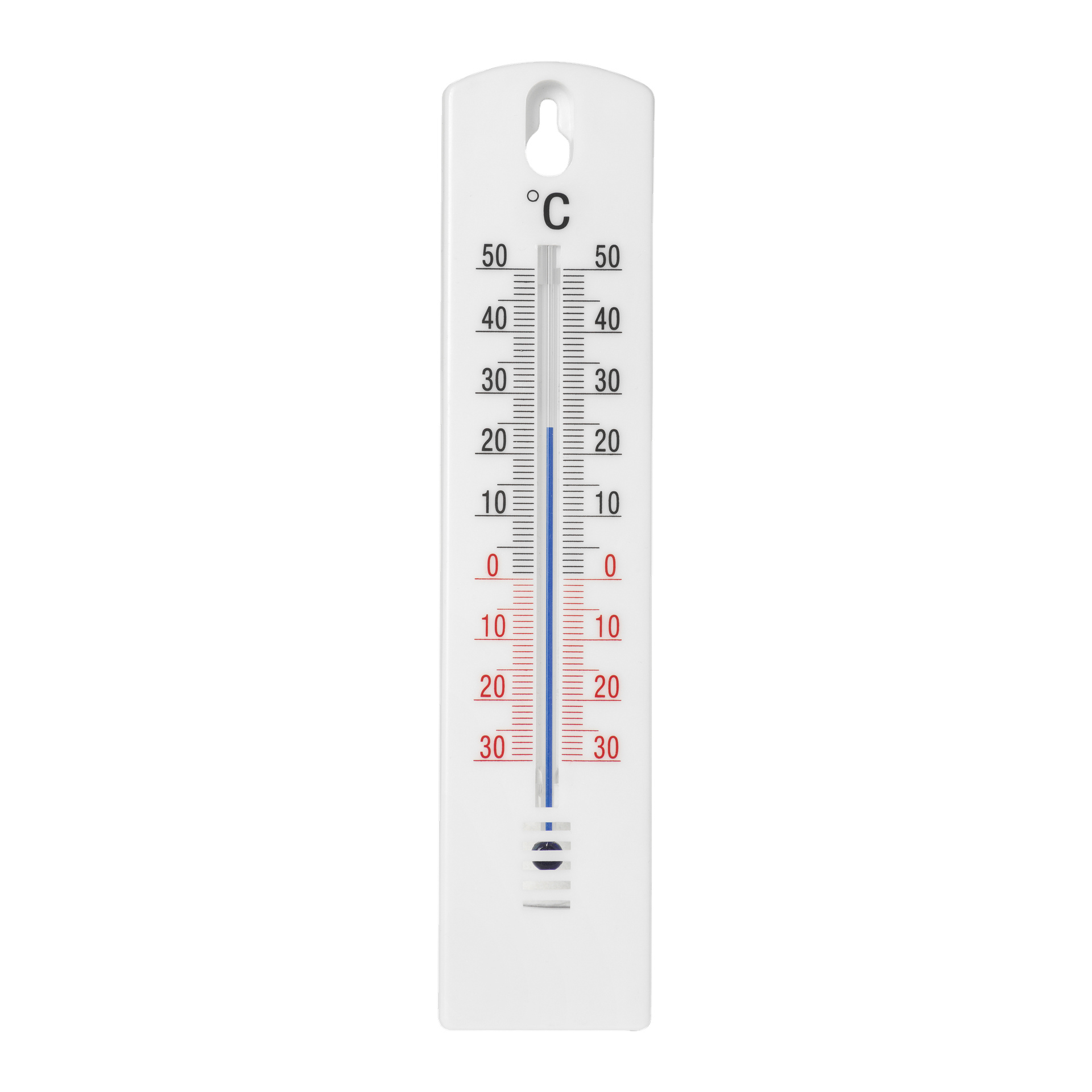 En vertikal Marquant-termometer visar temperaturer i både Celsius och Fahrenheit, med blå vätska som visar cirka 20°C (68°F).