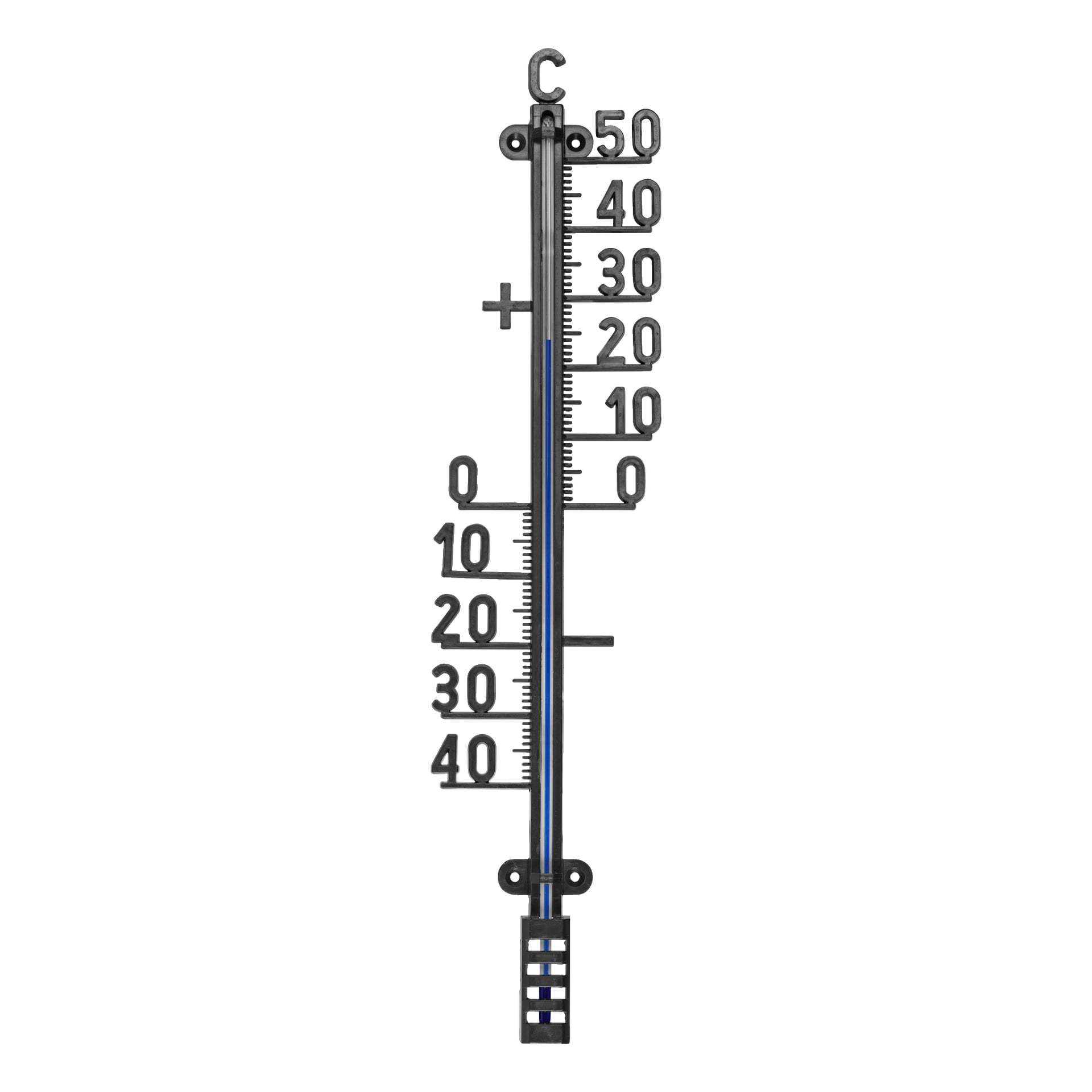 En vertikalt orienterad Marquant-termometer visar en temperatur nära 7°C.  Dess skala sträcker sig från -40 till 50°C, med svarta siffror och en blå vätskekolumn som visar den aktuella avläsningen.