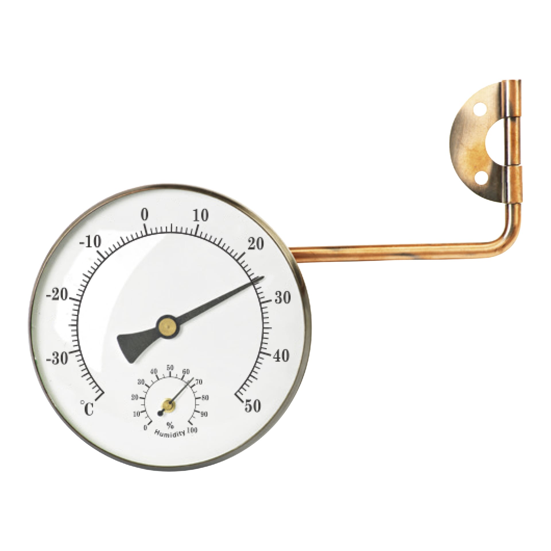 Et Marquant-termometer og hygrometer festet til et kobberrør viser en temperatur nær 39°C, med det innebygde hygrometeret under som viser omtrent 55 % relativ luftfuktighet.