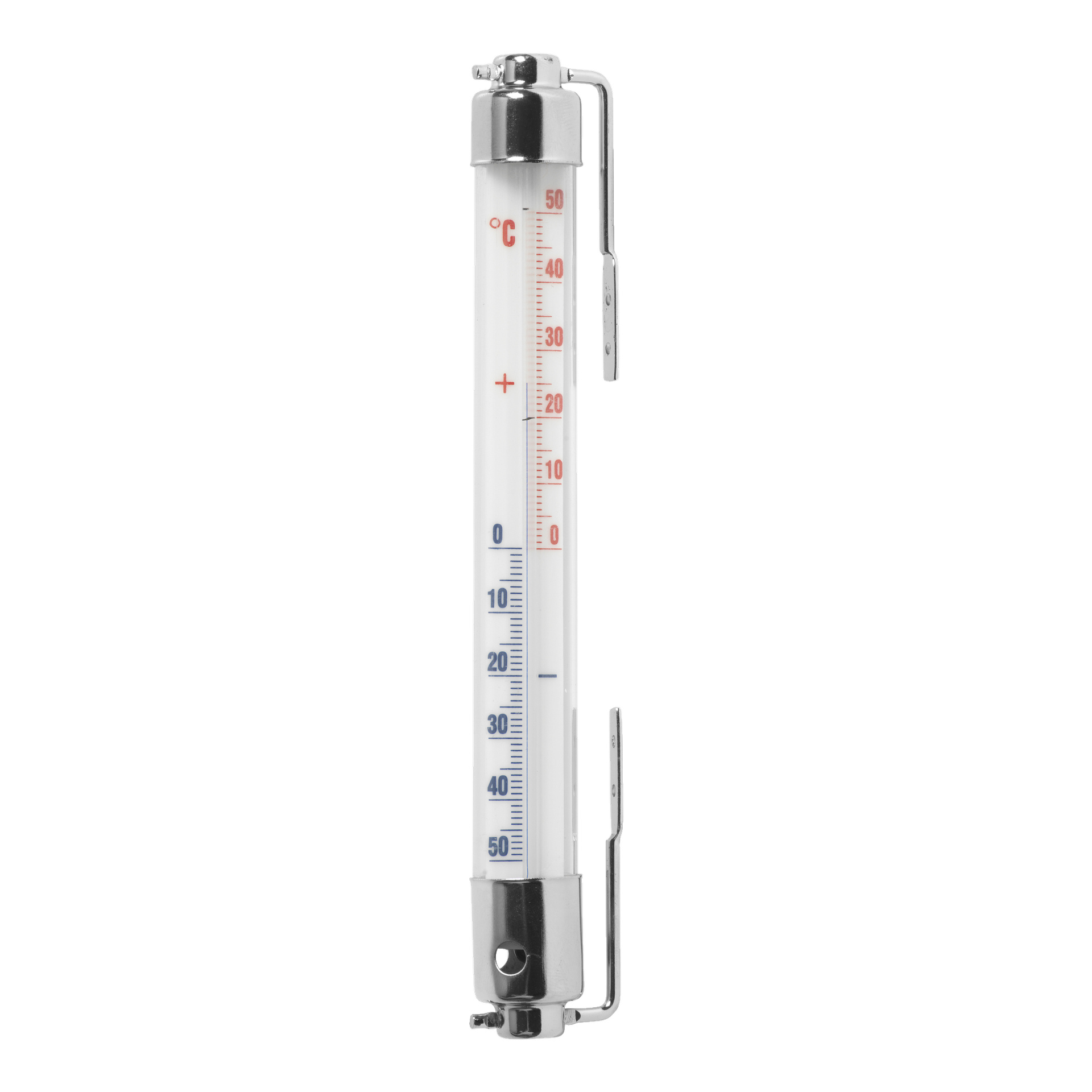 En vertikal Marquant-termometer med metallhölje, som mäter temperaturer från -50°C till 50°C med blå och röda siffror, och har metallfästen för enkel montering.