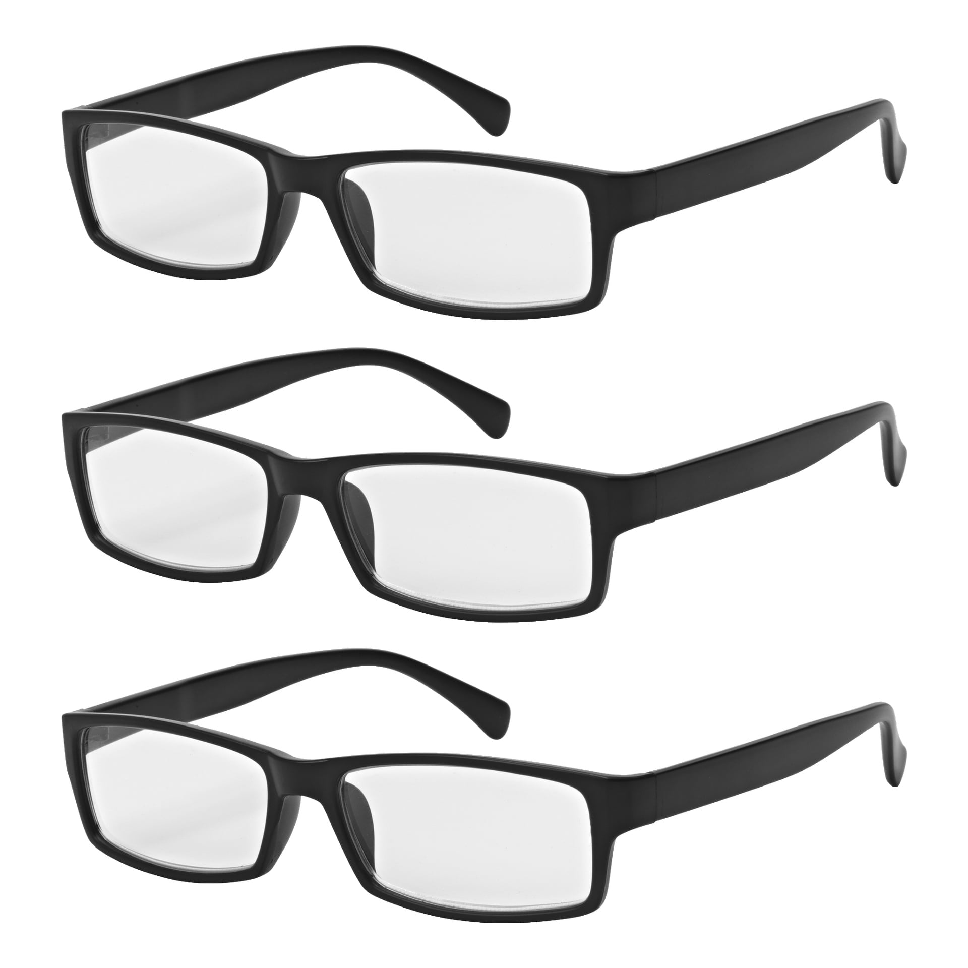 Tre par Kayoba läsglasögon från ett 3-pack set, var och en med svarta rektangulära bågar och klara linser, visas i vertikal uppställning.