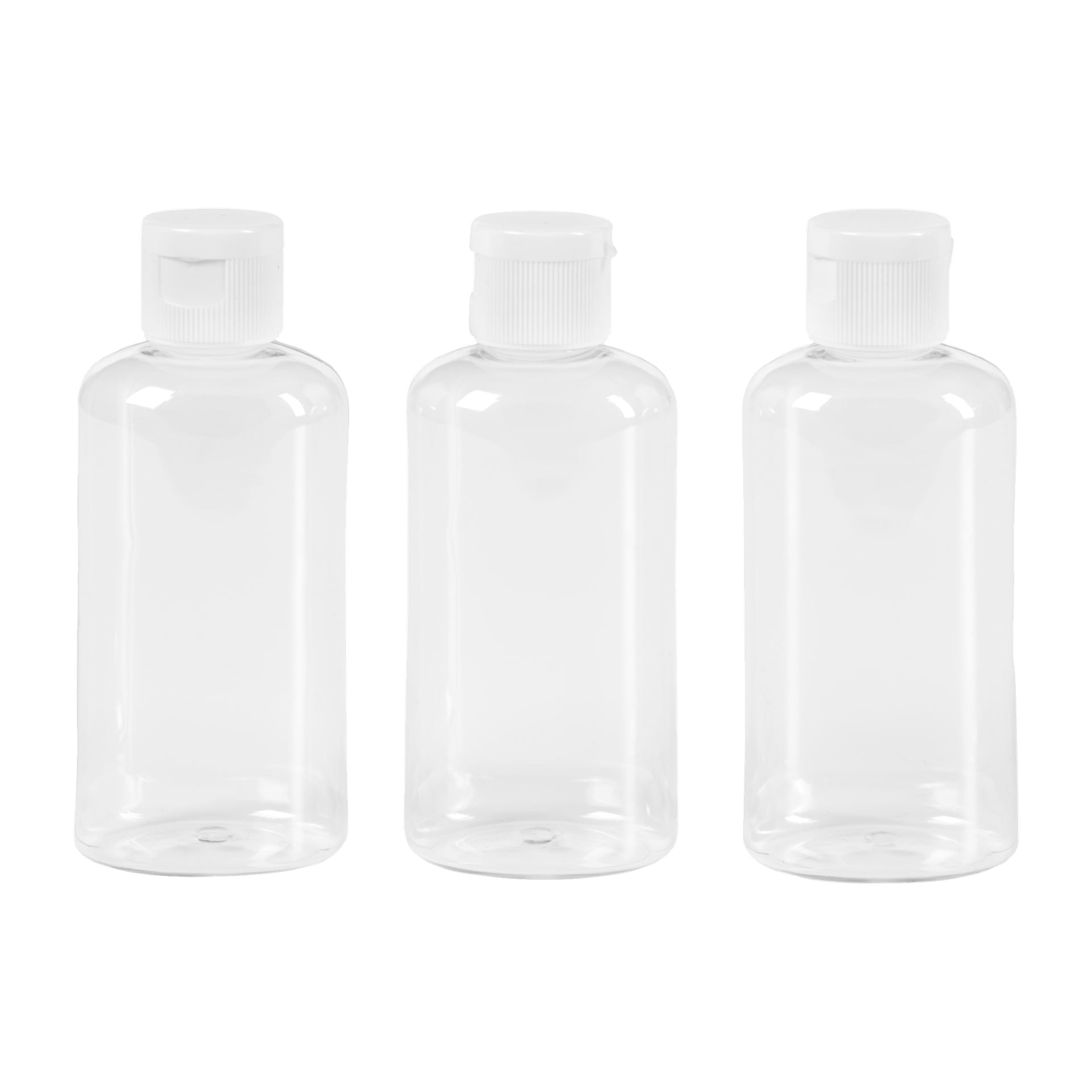 Tre gjennomsiktige Kayoba Travel Bottles, solgt som et sett på tre, står oppreist i en rekke med hvite flip-top lokk.