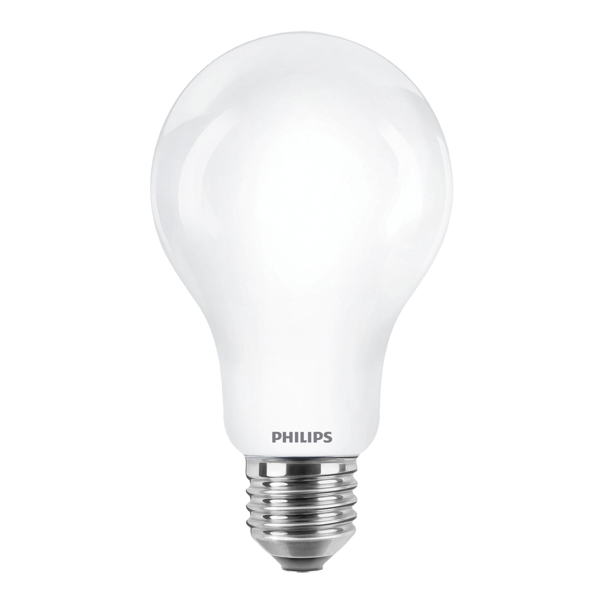 En hvit Philips Normal LED-pære med standard skruebase viser Philips-logoen nær sokkelen.