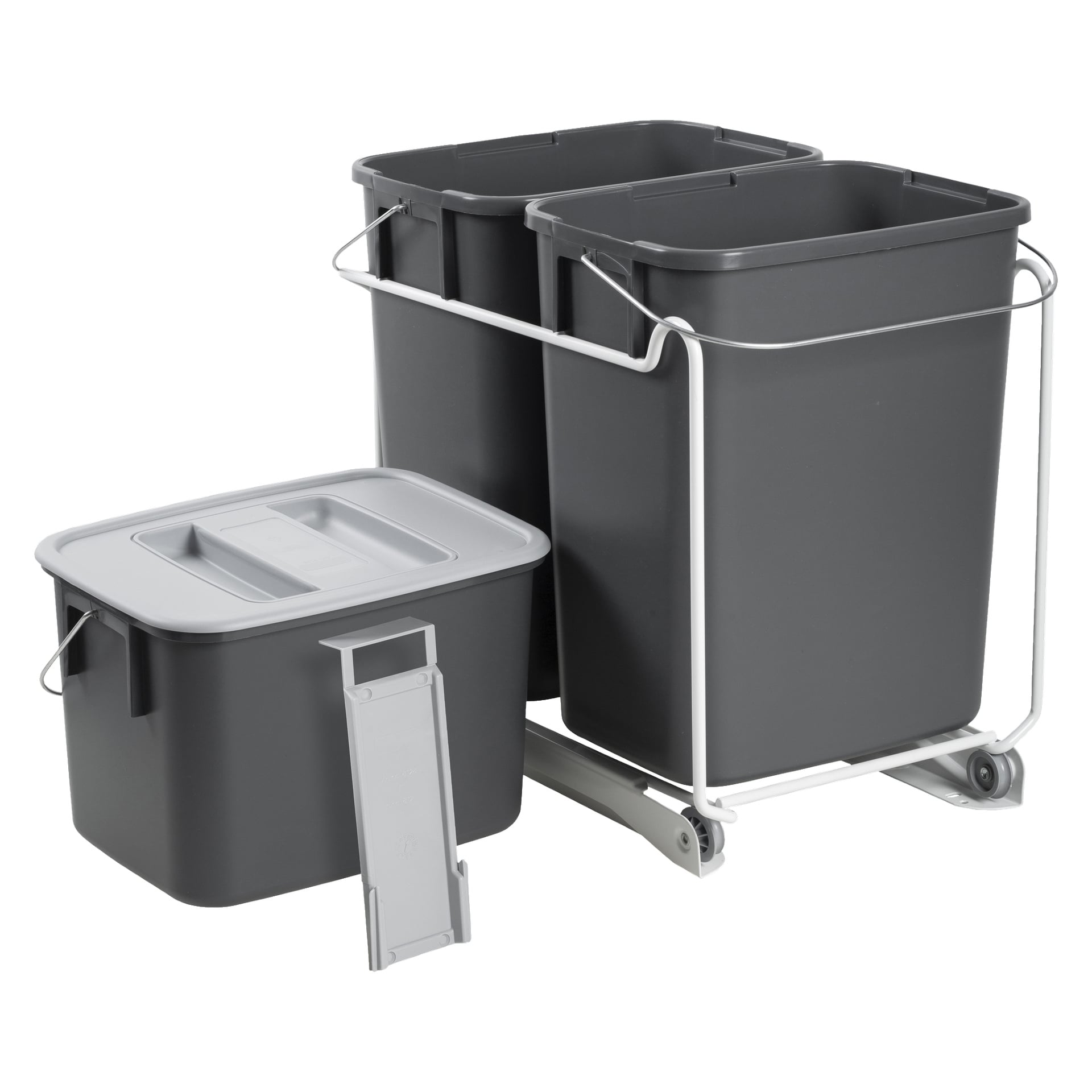 Tre grå plastbehållare från Nordiska Plast Extendable Waste Sorting Set visas, med två behållare placerade i en vit metallrullram och en separat behållare med ett handtagslock. Setet är avsett för effektiv organisering av avfall eller återvinning i hem- eller kontorsmiljöer.