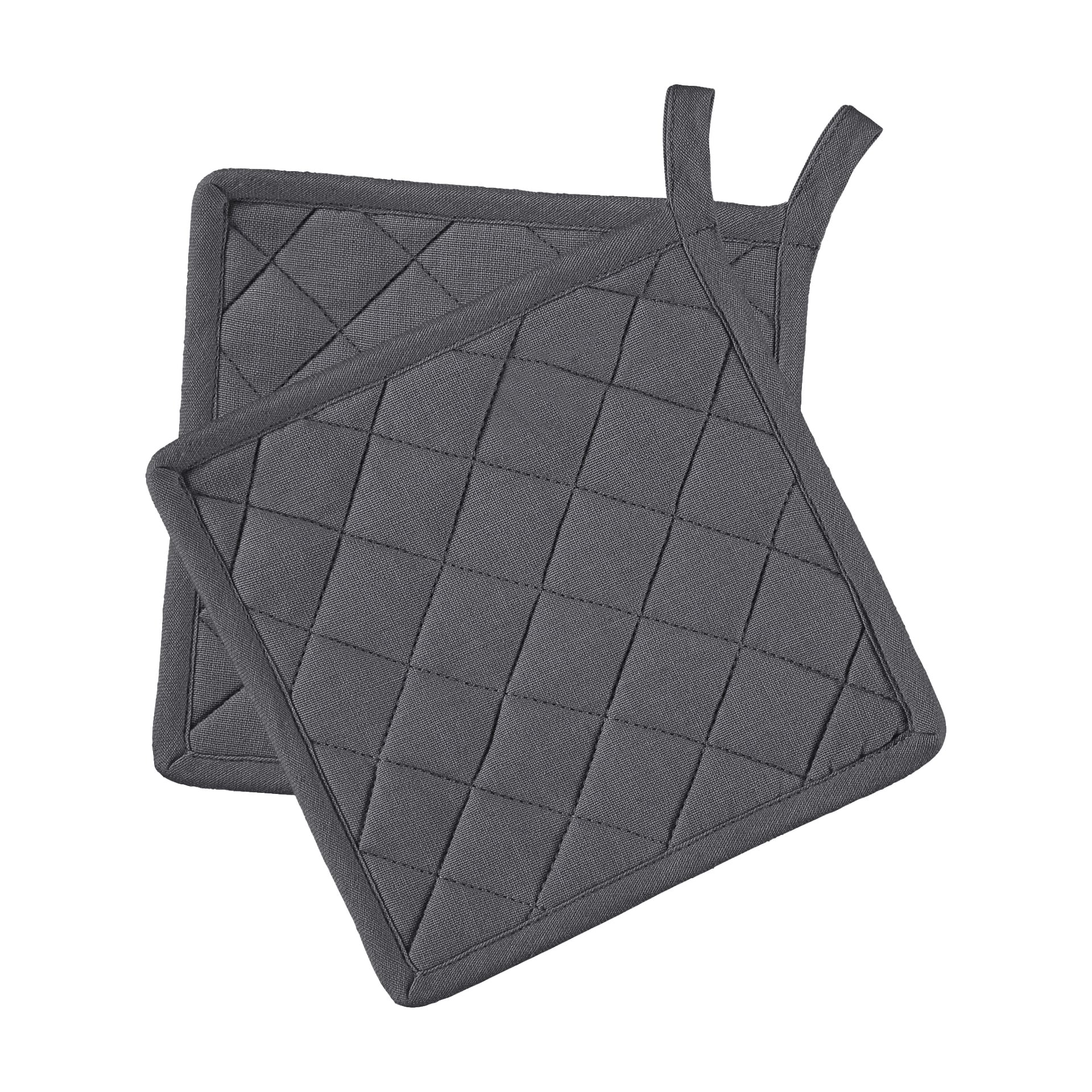 Kaksi neliönmuotoista, tummanharmaata tikattua Potholder-2-pakettia, joissa on riippuvat lenkit.