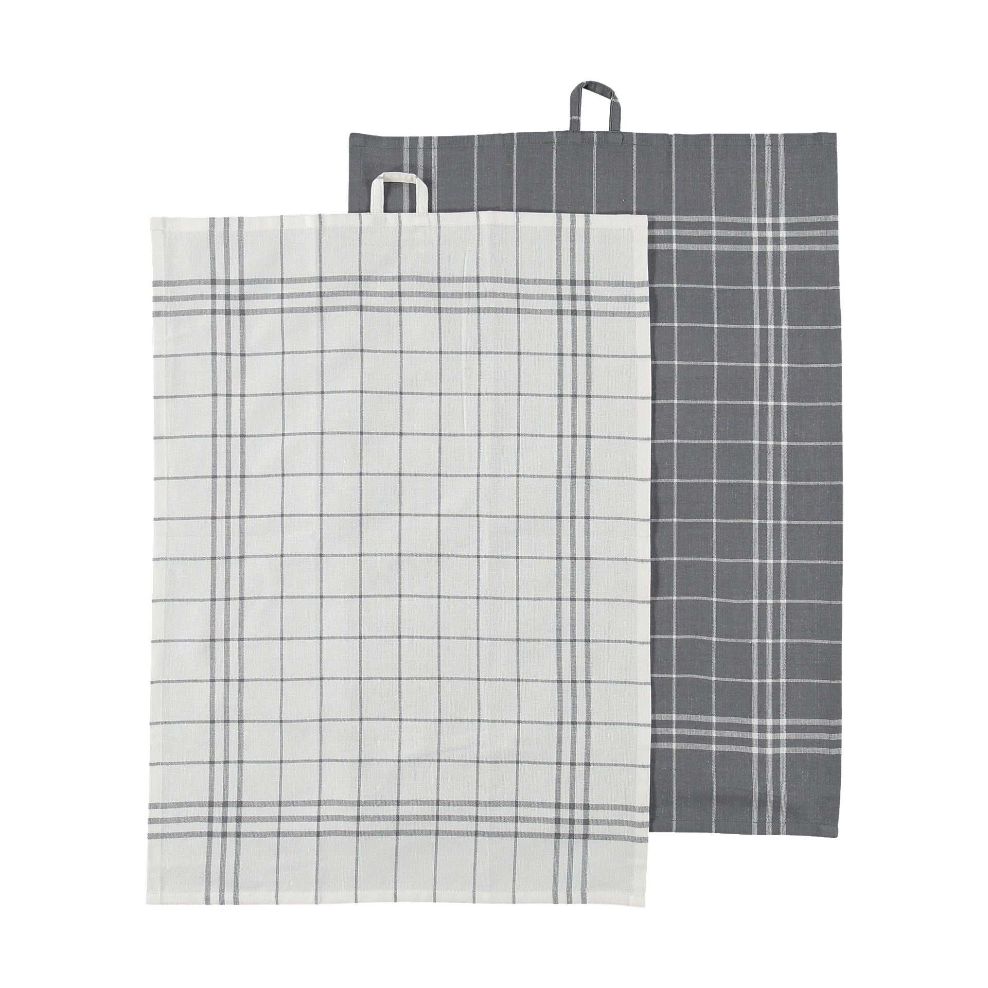 Kaksi pakettia Menuett Kitchen Cloth -kankaita suorakaiteen muotoisilla kankailla, joissa on ruudullinen kuvio, yksi valkoinen harmailla viivoilla ja yksi tummanharmaalla valkoisilla viivoilla, joista jokaisessa on pieni roikkuva lenkki yläosassa.