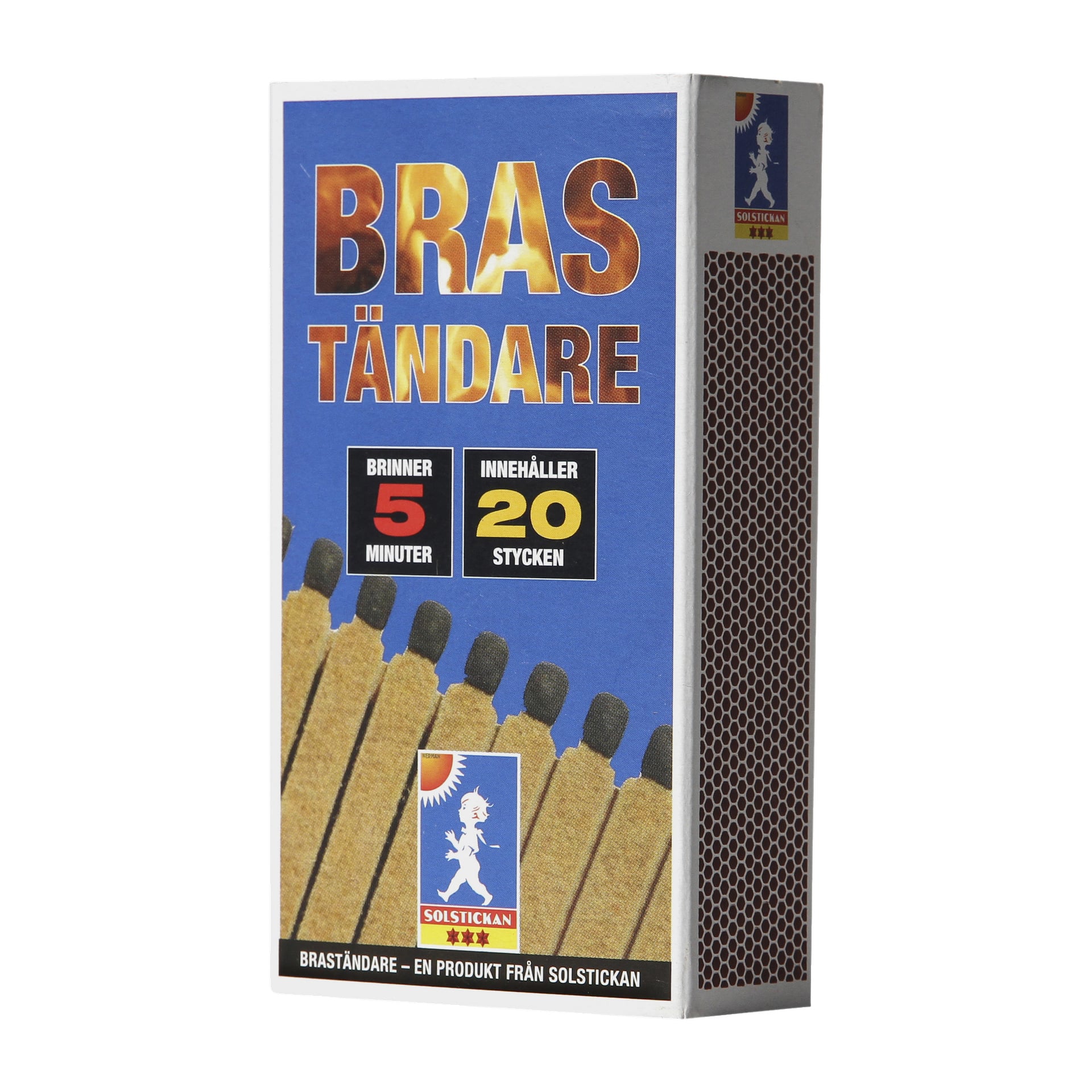 En låda med Solstickan Firelighters 20-pack som visar en bild på tändstickor, en tändsticksremsa på höger sida och framsidan med "BRAS TÄNDARE" med detaljer som anger att de brinner i 5 minuter och innehåller 20 bitar.
