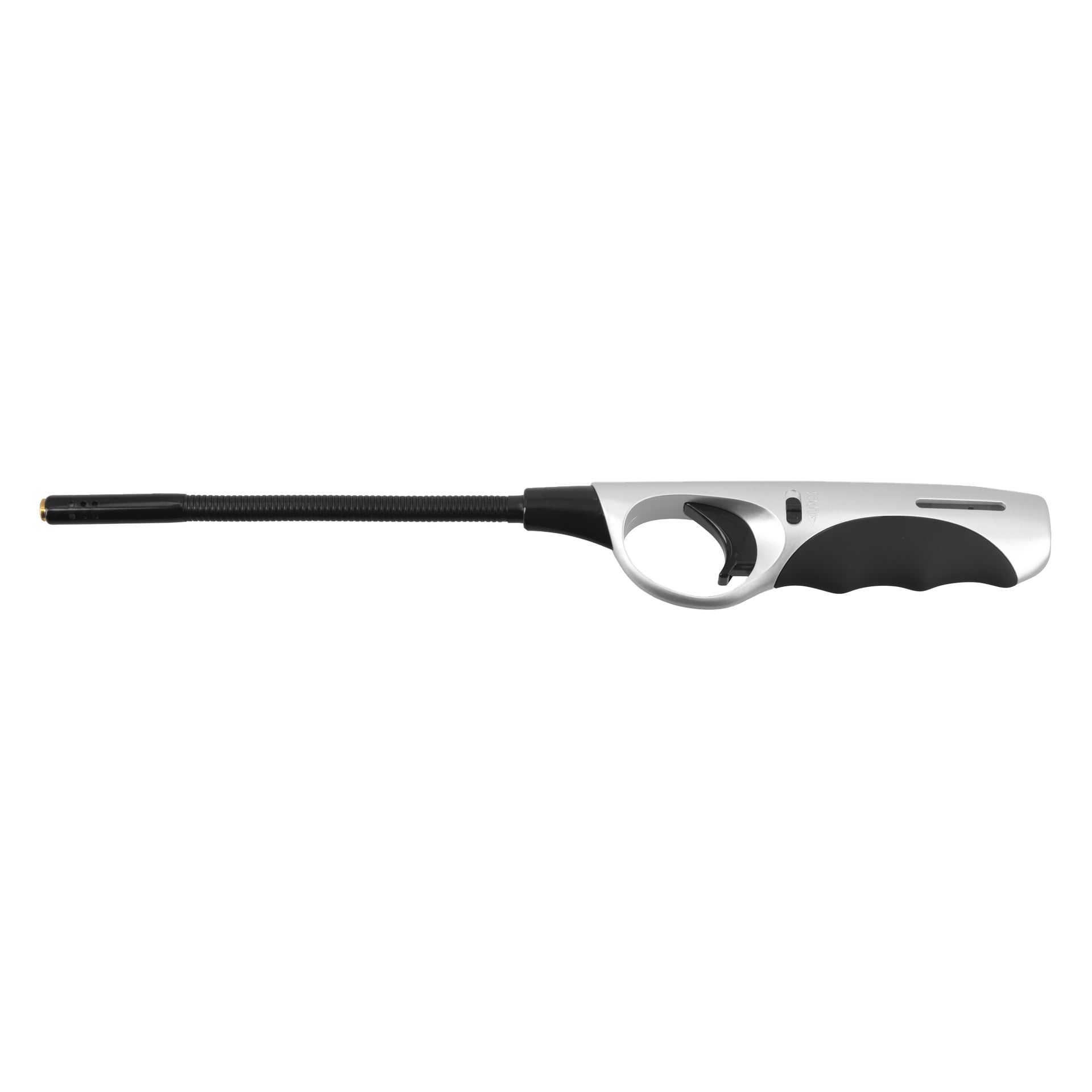 En svart- och silverfärgad butantändare med långt handtag och ergonomiskt grepp och avtryckare, idealisk för att tända grillar, spisar eller ljus.