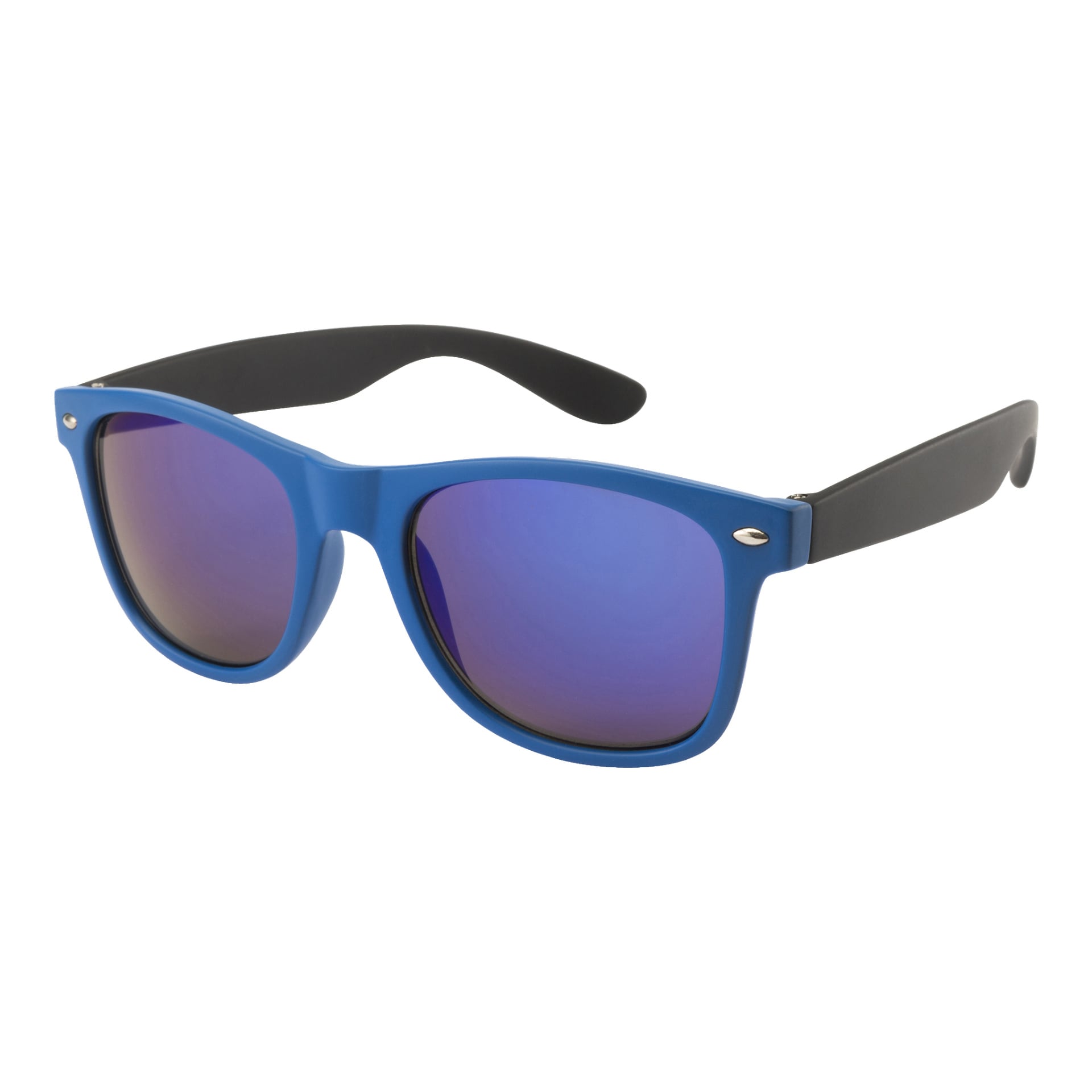 Ett par Kayoba-solglasögon med blå bågar, svarta ärmar och reflekterande lila linser visas.
