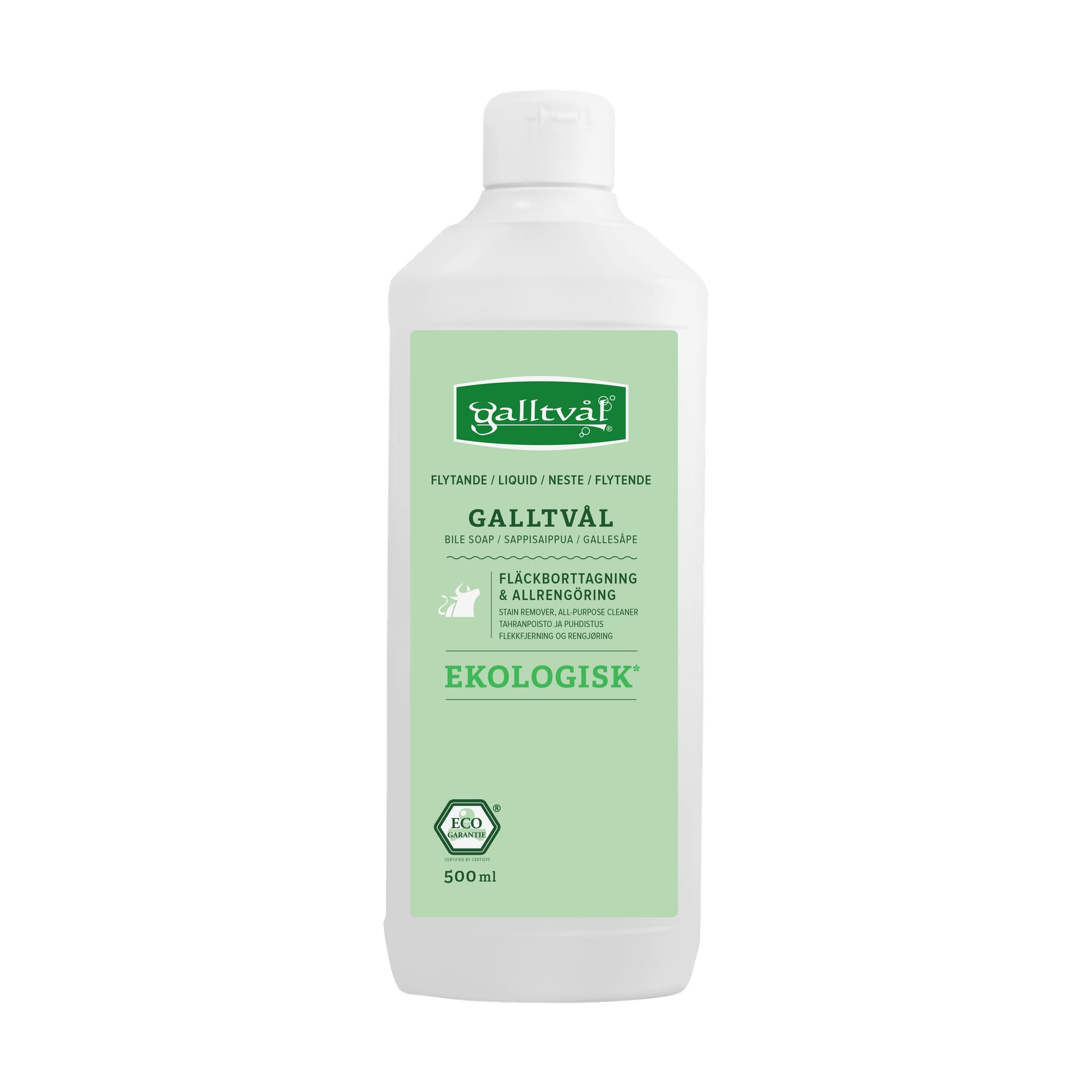 En 500 ml vit flaska Galltvål Ox-gall-tvål med grön etikett som visar produktdetaljer, vilket betonar dess miljövänliga formel och effektivitet på att ta bort fläckar.