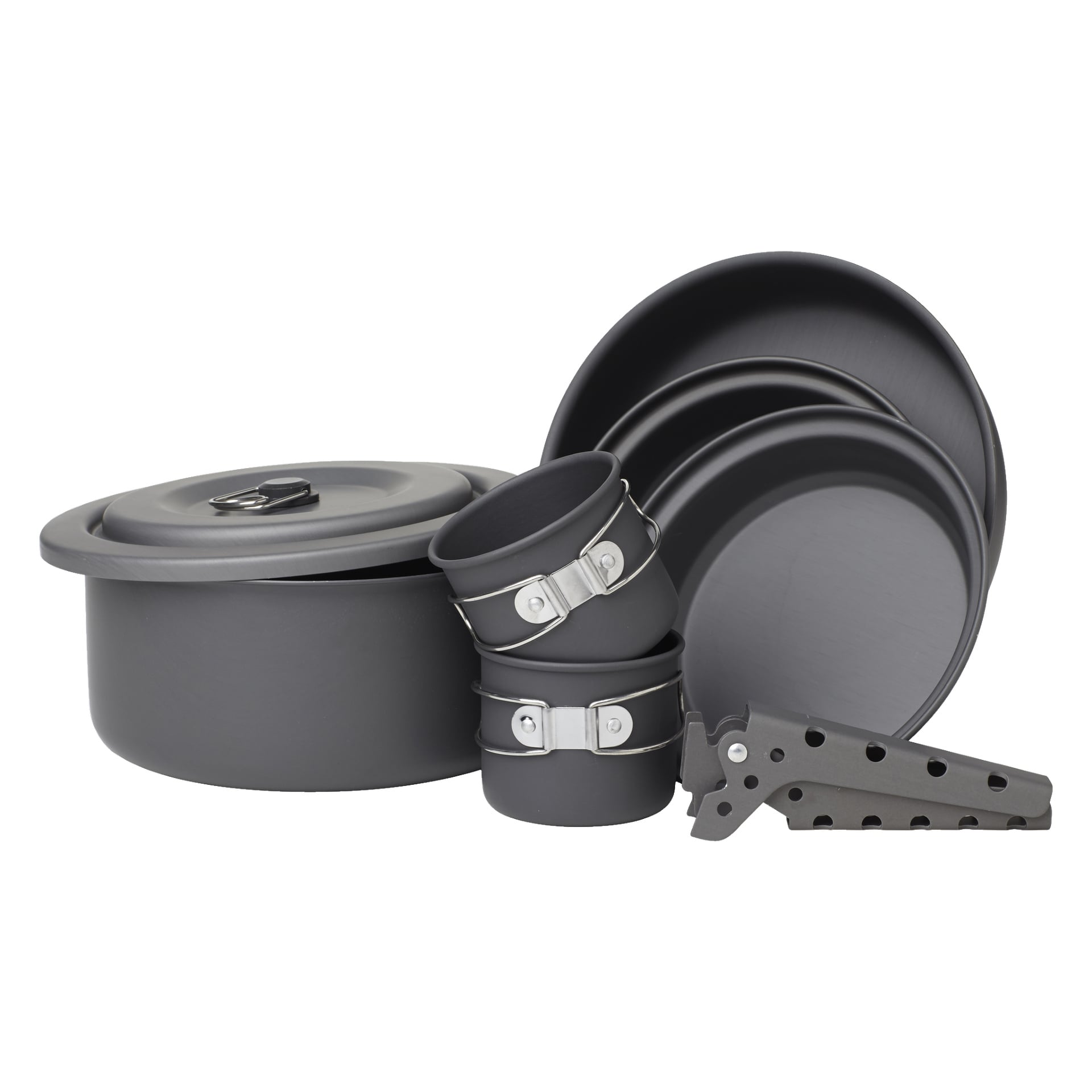 Det mørkegrå Kayoba Outdoor Cookware-settet består av åtte deler: to gryter, et lokk, to tallerkener, to kopper med sammenleggbare håndtak, og enten et redskap eller et håndtak.