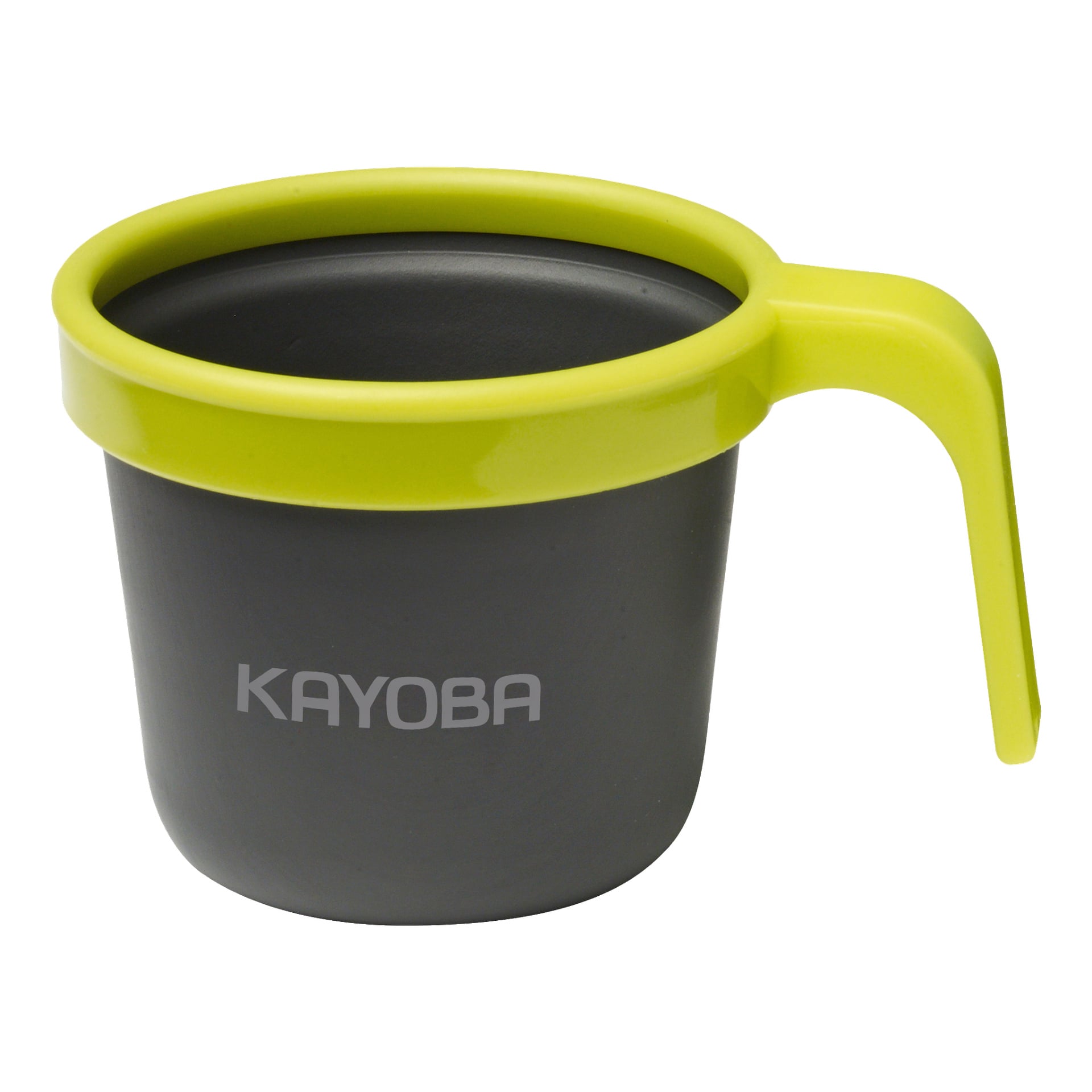 En mörkgrå Kayoba-mugg med en framträdande gul kant och handtag, med ordet "KAYOBA" i vitt längs sidan.