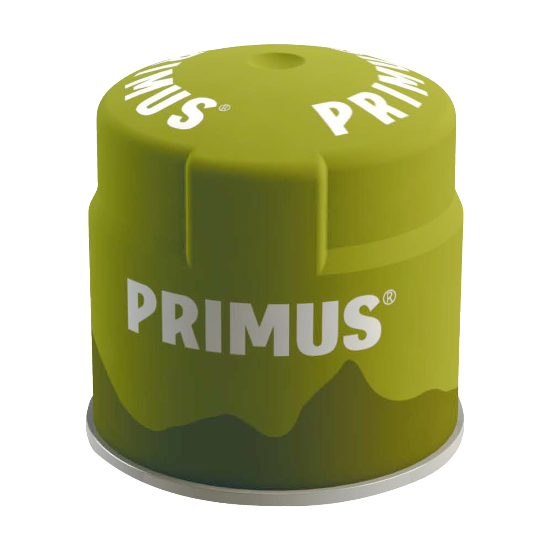 En grön Primus Gas PowerGas-behållare med djärv vit text och ett grafiskt bergsmotiv, designad för portabla campingspisar.