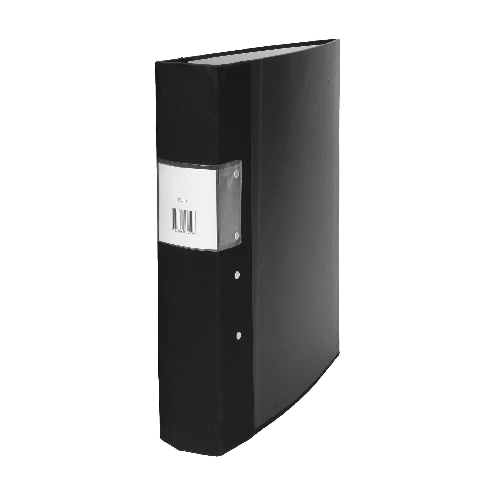 En svart pärm står upprätt, med ett plastomslag och en streckkodsetikett på ryggen. Dess design är minimalistisk, med två synliga metallnitar.