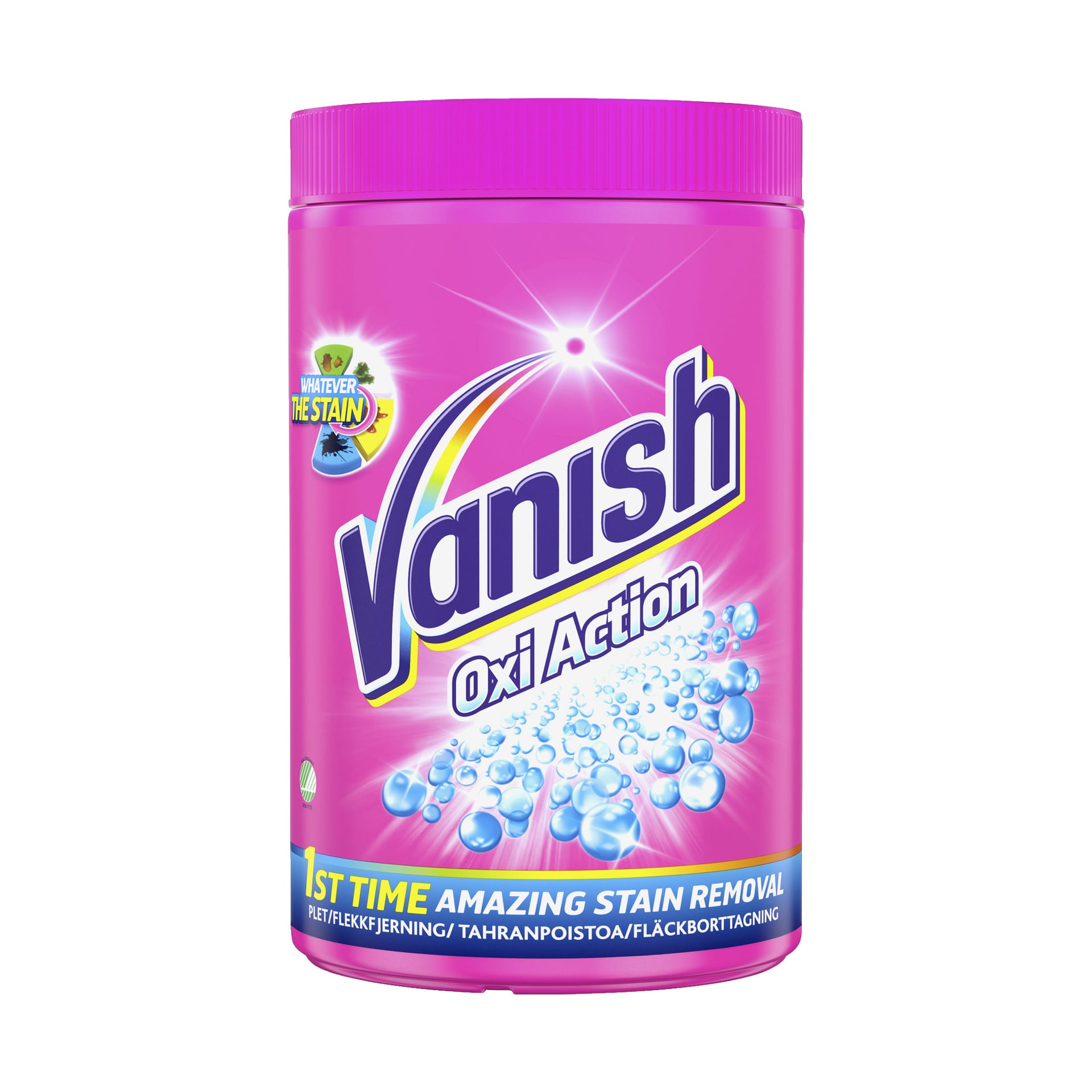 En rosa boks med Vanish Stain Remover Oxi Action med matchende lokk, som viste blå og hvite bobler på etiketten og teksten "1st time amazing stain removal" nær bunnen.