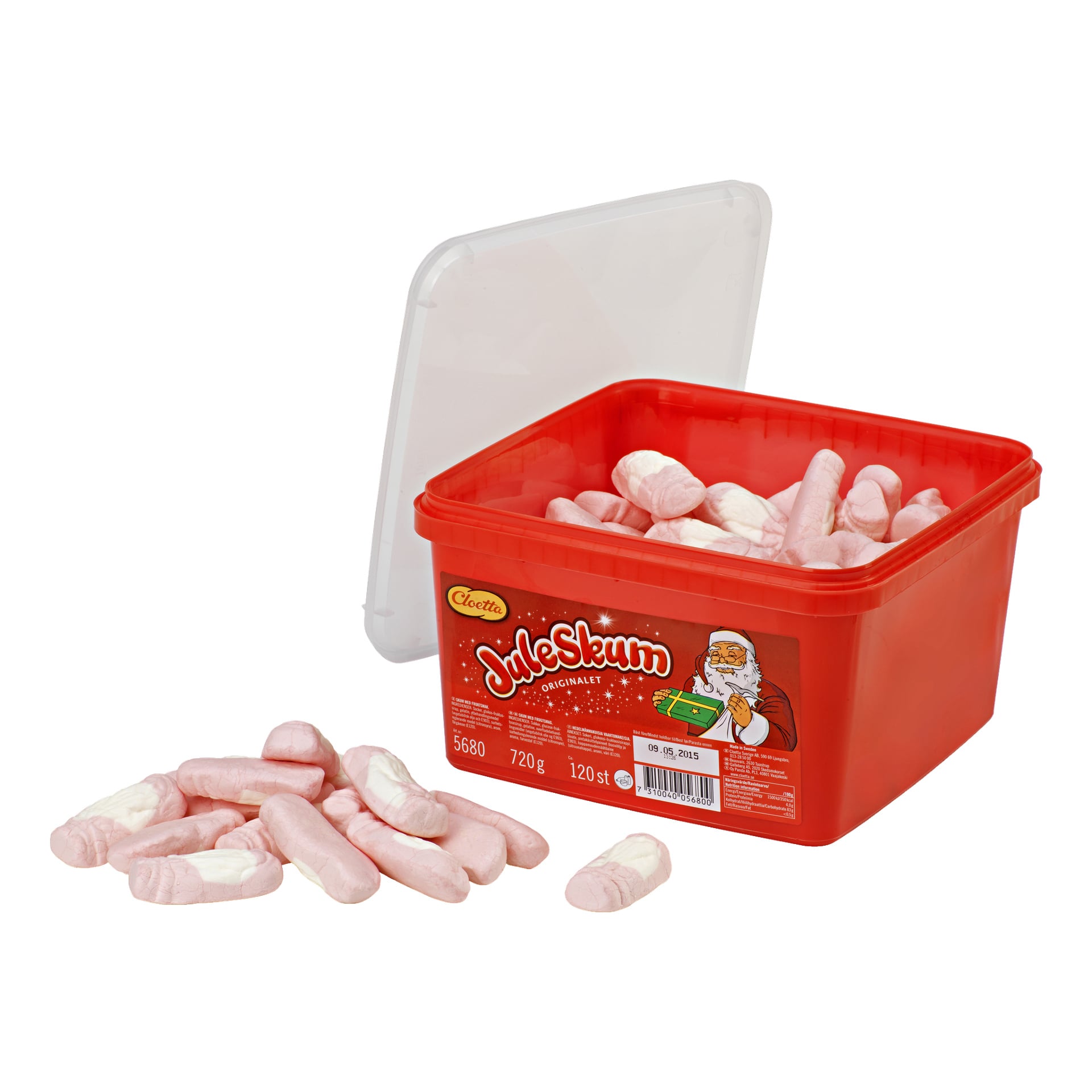Punainen muovirasia, jossa lukee Cloetta Juleskum, on täynnä vaaleanpunaisia ja valkoisia vaahtokarkkikarkkeja, joista osa on myös ripoteltu lähelle. Avoimessa saranoidussa kannessa on etiketti, jossa on kuva Joulupukista pitämässä lahjaa.