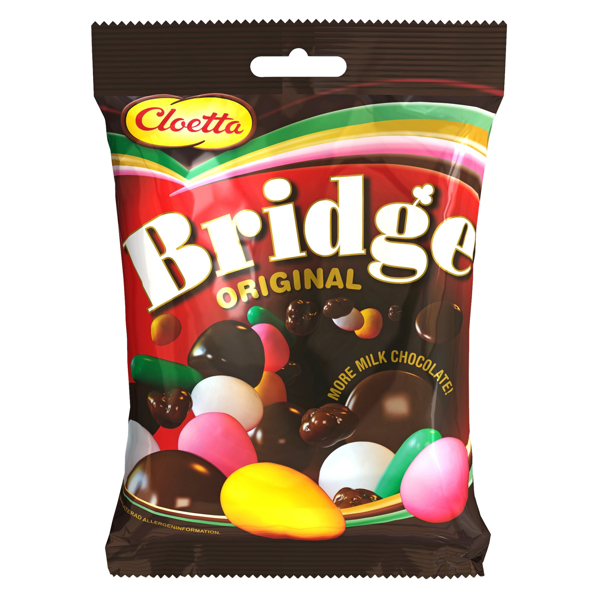 En pakke med Cloetta Bridgeblandning Original som viser en blanding av fargerike, godteriovertrukne og sjokoladeovertrukne godbiter, med "More Milk Chocolate" trykt på forsiden.