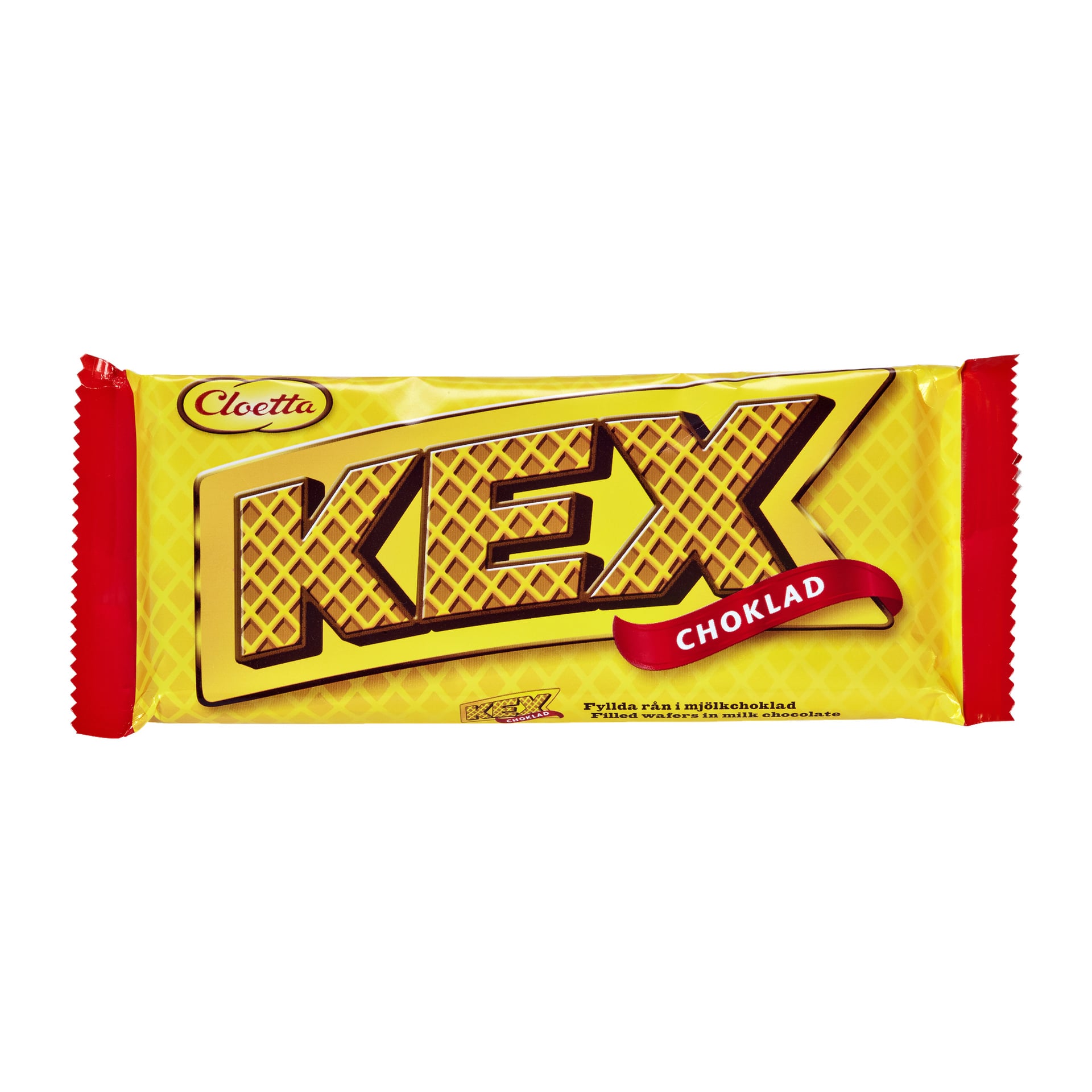 Ett gult Cloetta Chocolate Wafer-paket med djärv, stiliserad KEX-text, ett rött band med CHOKLAD och en kort lapp som anger att det innehåller obeller fyllda med mjölkchoklad.