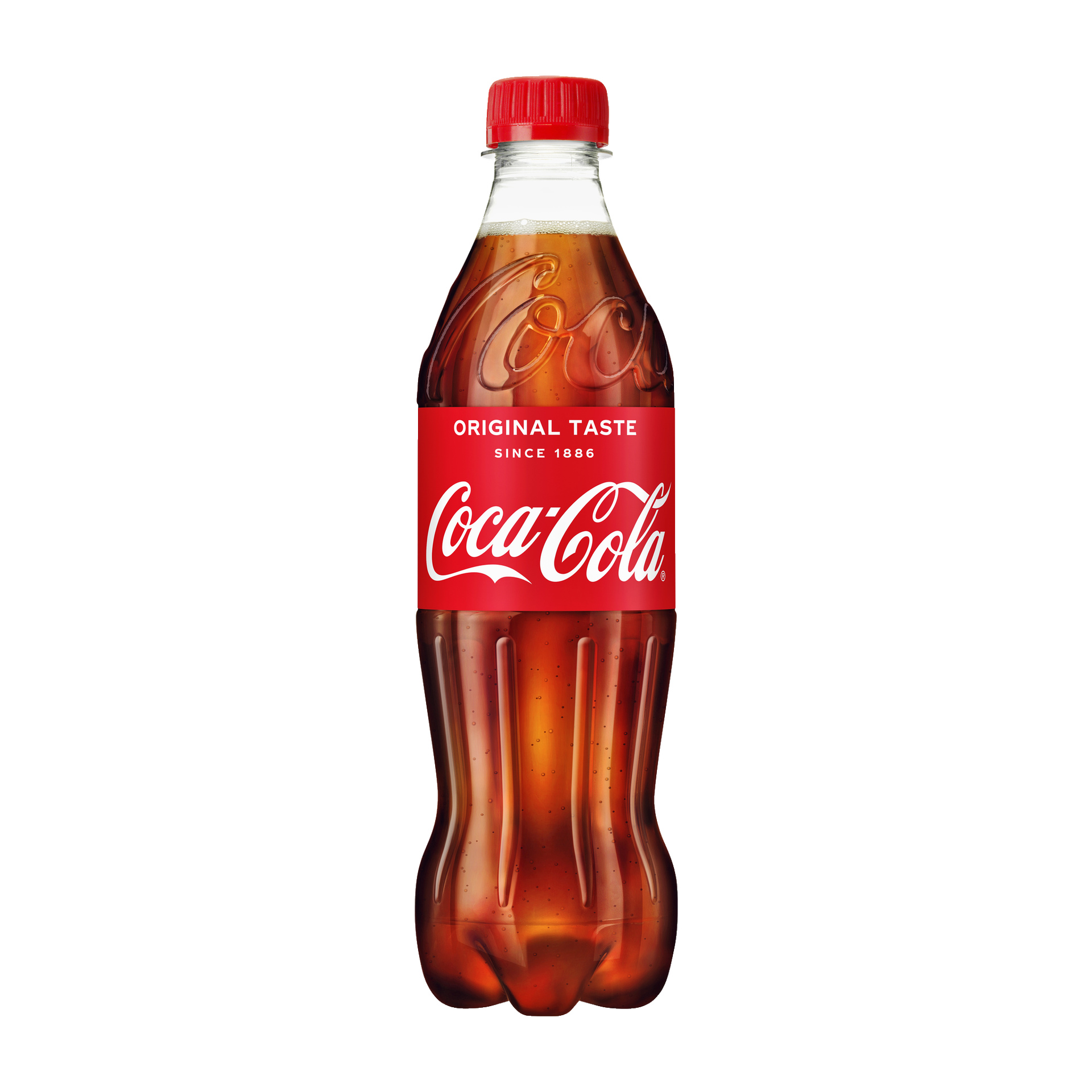 En 500 ml Coca Cola plastflaske med rød kork, med Coca Cola-logoen og "Original Taste Since 1886" på etiketten, fylt med sin klassiske mørkebrune brus.
