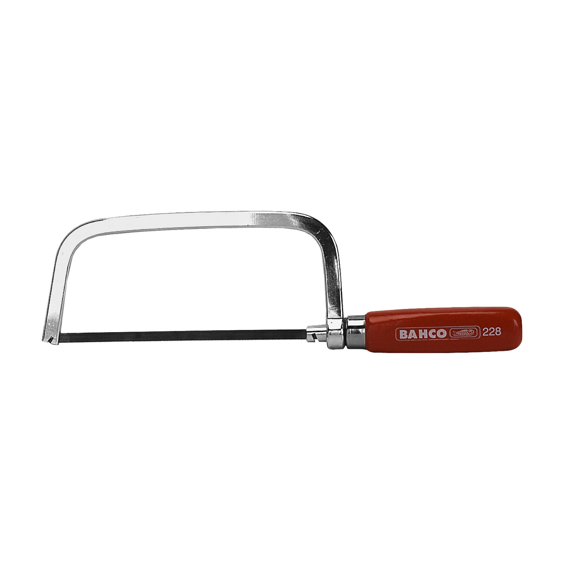 En Bahco Mini Hacksaw 228, utmärkande genom sitt röda handtag, har en slank böjd metallram och ett smalt, avtagbart blad.
