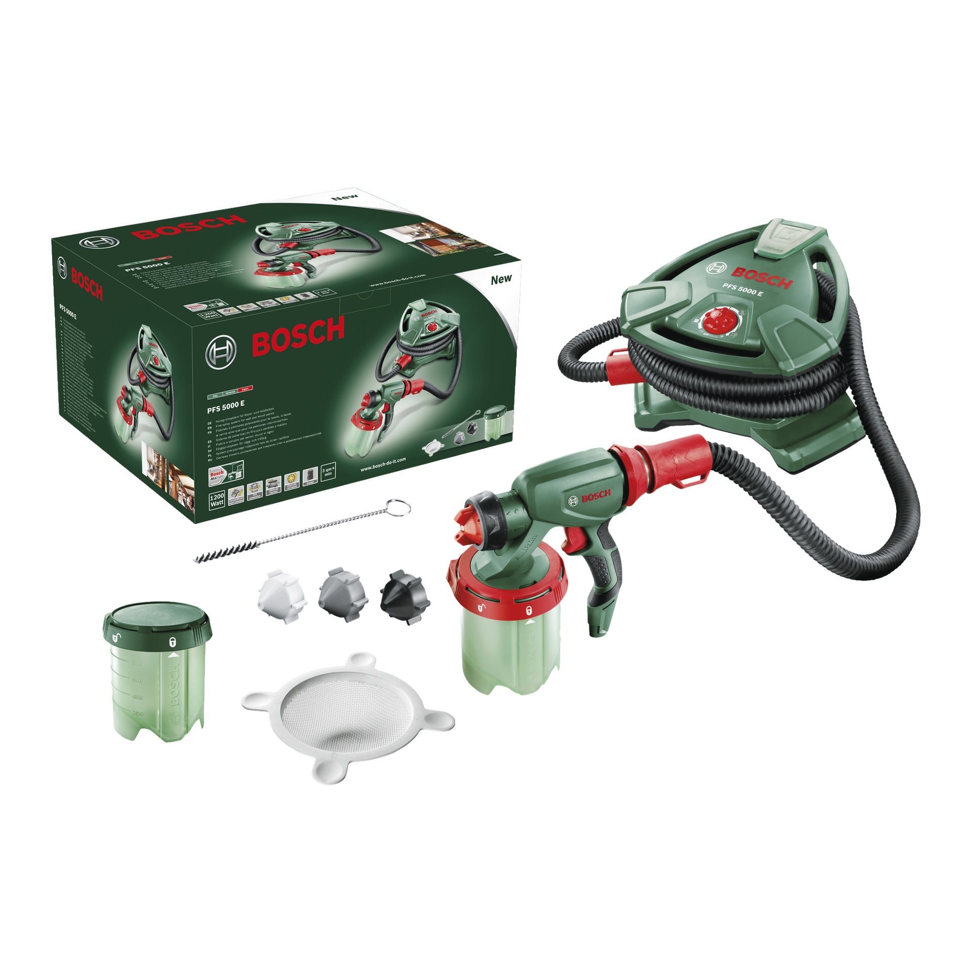 Bosch Spray Gun PFS 5000 E-sett vises med alle komponenter organisert: spraypistol, slange, målekopp, filter, rengjøringsbørste, tre dysetilbehør og produktboksen.