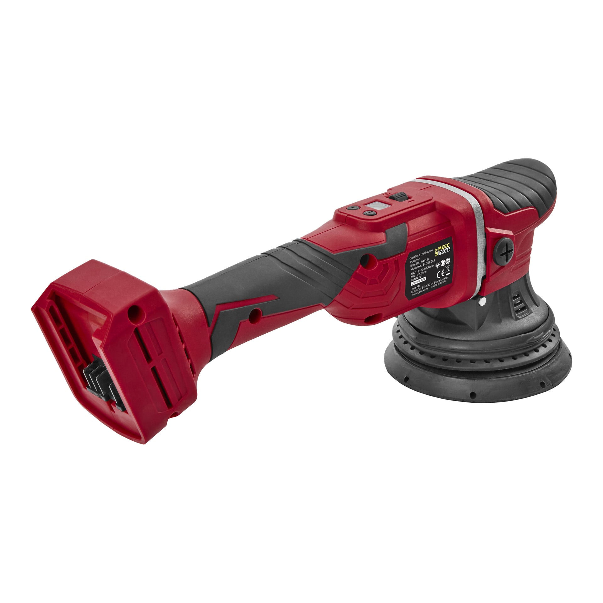 Bezprzewodowy czerwono-zestaw Oscillating Polishing Machine Kit Meec Tools Multiseries PO-18V HOME 500, wyposażony w duży, okrągły głowicę polerską, dedykowaną komorę na baterie, wiele przycisków sterujących oraz uchwyt z teksturowanym chwytem.