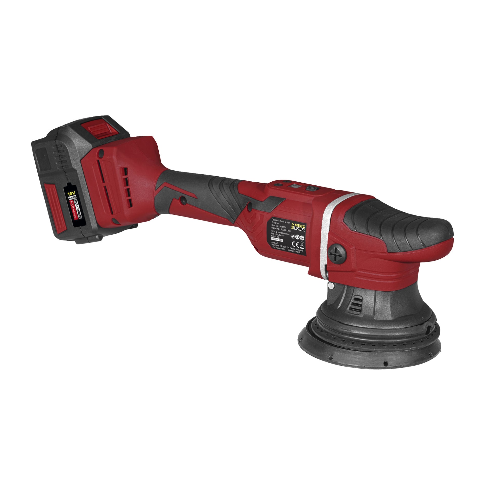Czerwono-maszyna do polerowania oscylującego Meec Tools Multiseries, model PO-18V HOME 500, wyposażona w okrągłą poduszkę szlifierską, ergonomiczny chwyt, przyciski sterujące na górze oraz pakiet baterii umieszczony z tyłu.