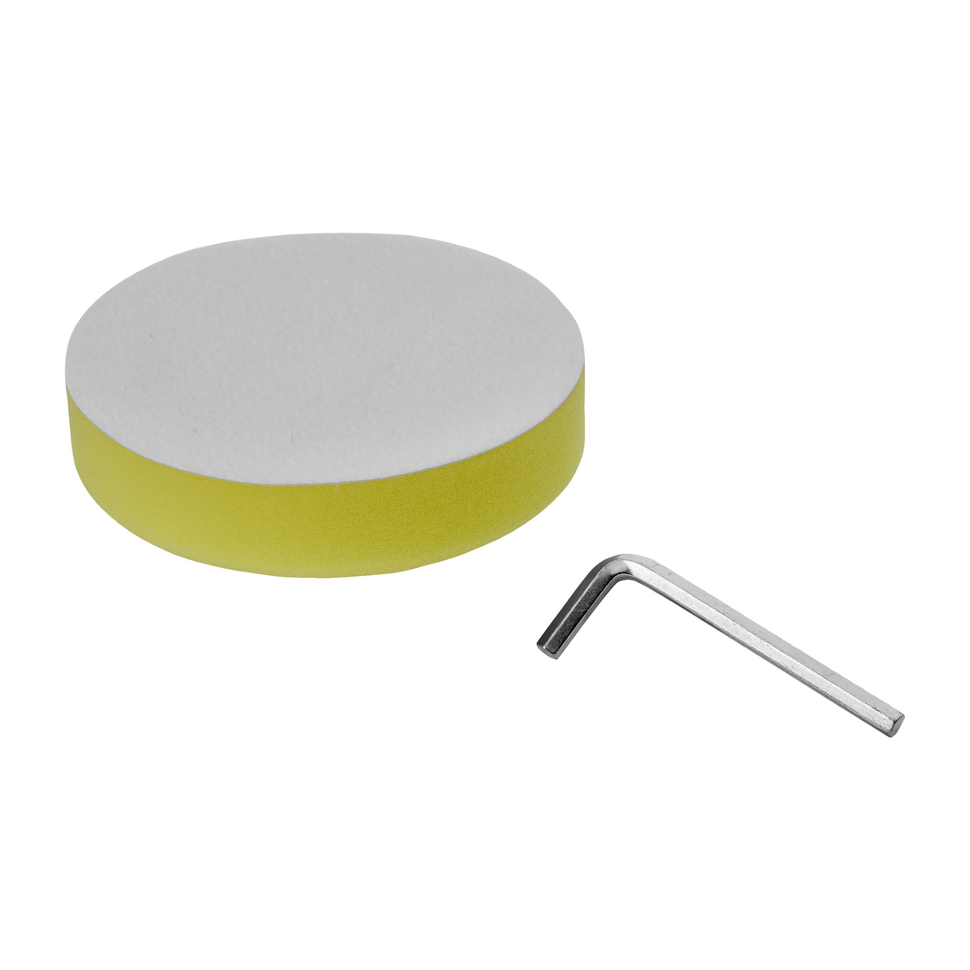 Biała i żółta okrągła piankowa podkładka z zestawu Meec Tools Multiseries Oscillating Polishing Machine Kit PO-18V HOME 500 stoi obok małego srebrnego sześciokątnego klucza w kształcie litery L.