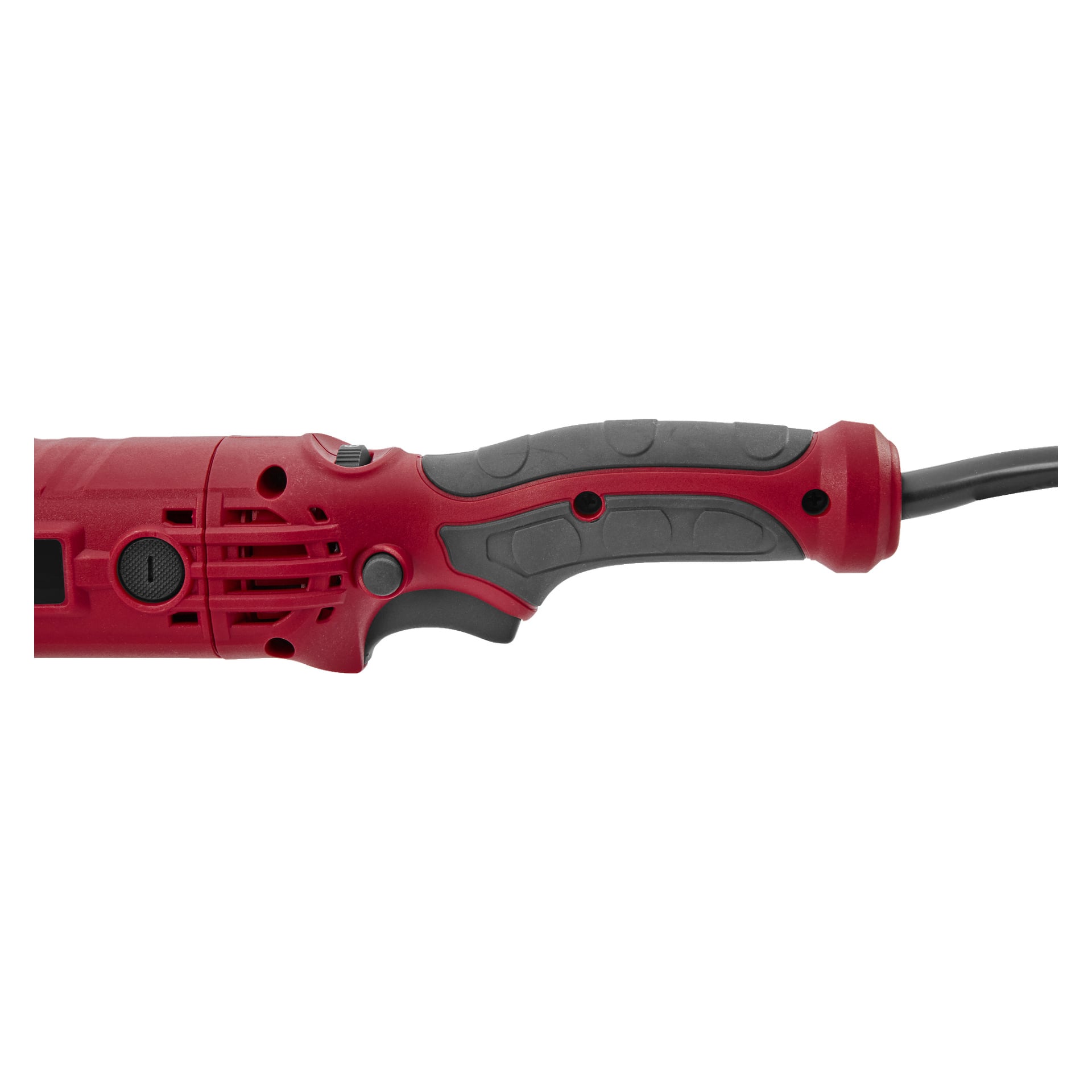 Lähikuva Meec Tools Oscillating Polishing Machinen kahvasta, jossa näkyy sen punamusta muotoilu ja siihen kiinnitetty musta johto. Kahvassa on näkyvät tuulettimet, napit ja teksturoitu pinta otetta varten. Vain kahva näkyy; Muut työkalun osat ovat kuvan ulkopuolella.