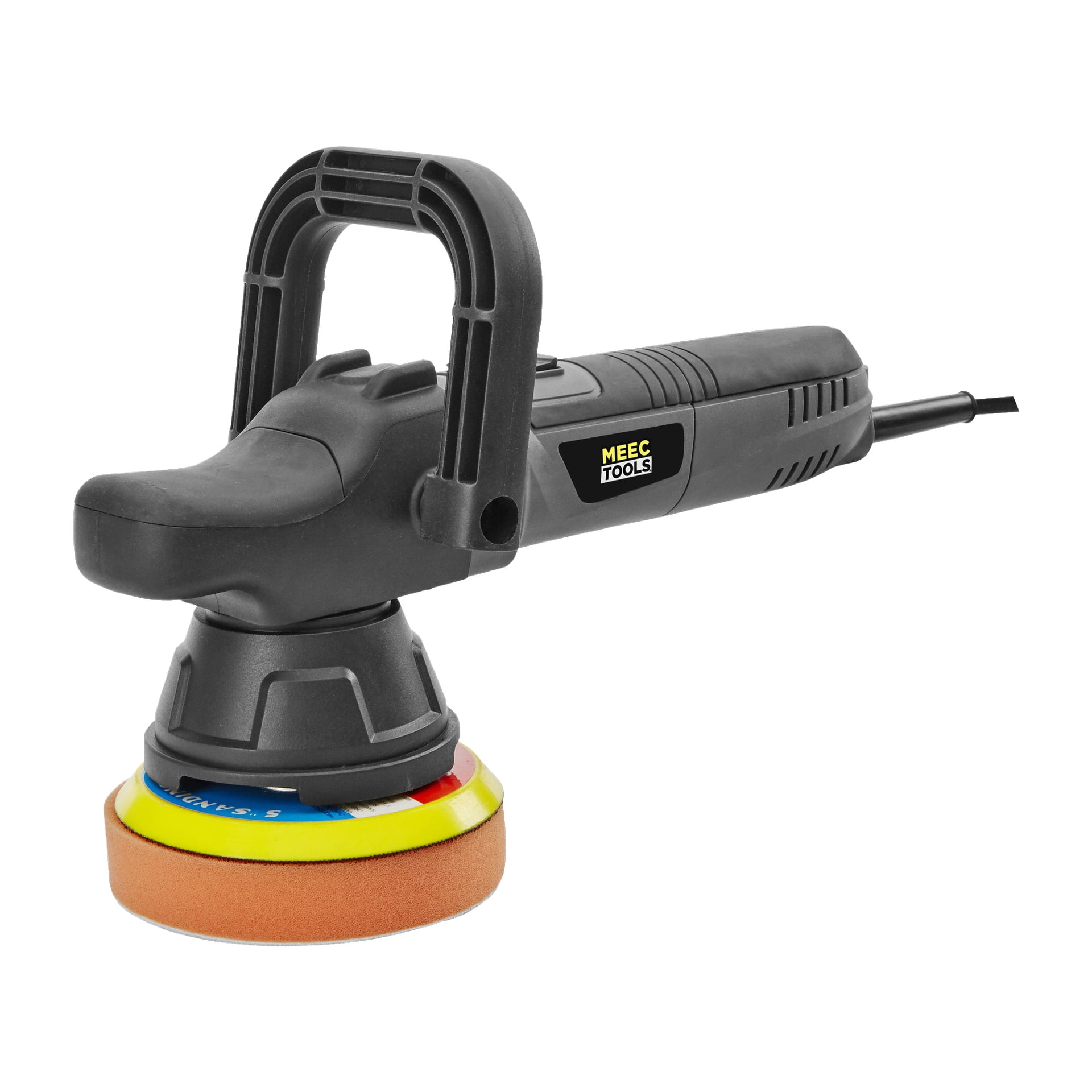 En Meec Tools oscillerande poleringsmaskin med ett rejält handtag och svart hölje har en cirkulär orange skumdyna fäst vid basen. Enheten är inkopplad och dess strömkabel kan ses hänga från maskinen.